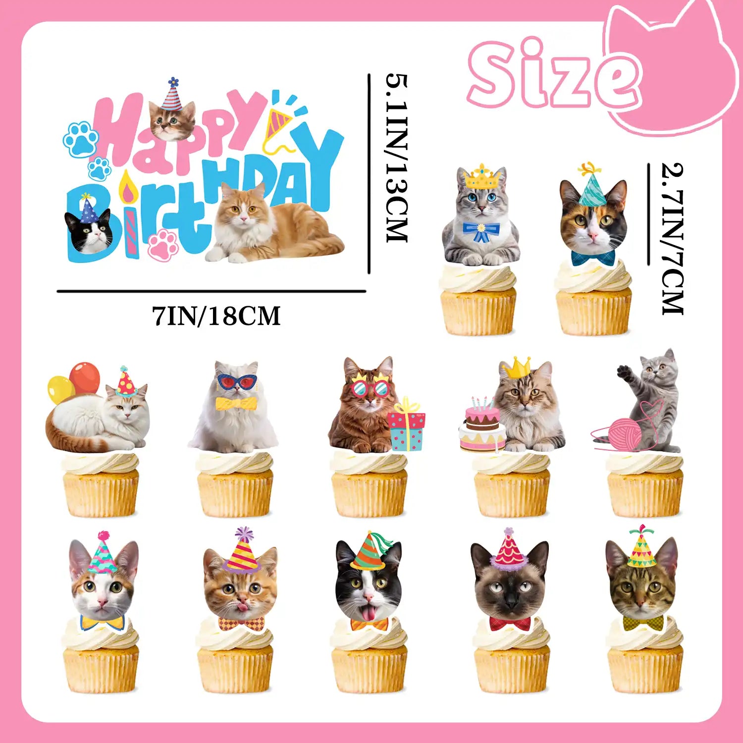 Cat Cake Toppers, 24 Pcs Cat Cupcake Toppers Kitten Theme Cupcake Topper + 1 Pcs Cat Birthday Cake Topper Cat Cake Decorations for Cat Birthday Decorations & Cat Party Decorations