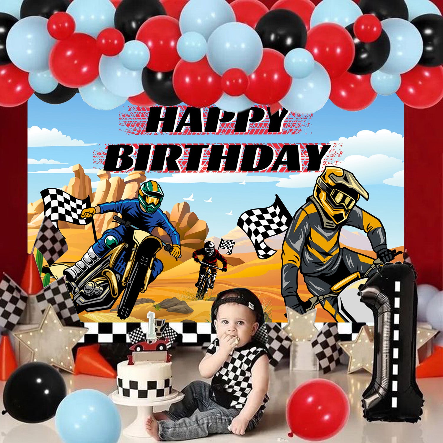 Motorcycle Happy Birthday Backdrop, 71''x43'' Dirt Bike Photography Background/Motocross Birthday Backdrop/Happy Birthday Motorcycle Backdrop for Dirt Bike Birthday Party Decorations