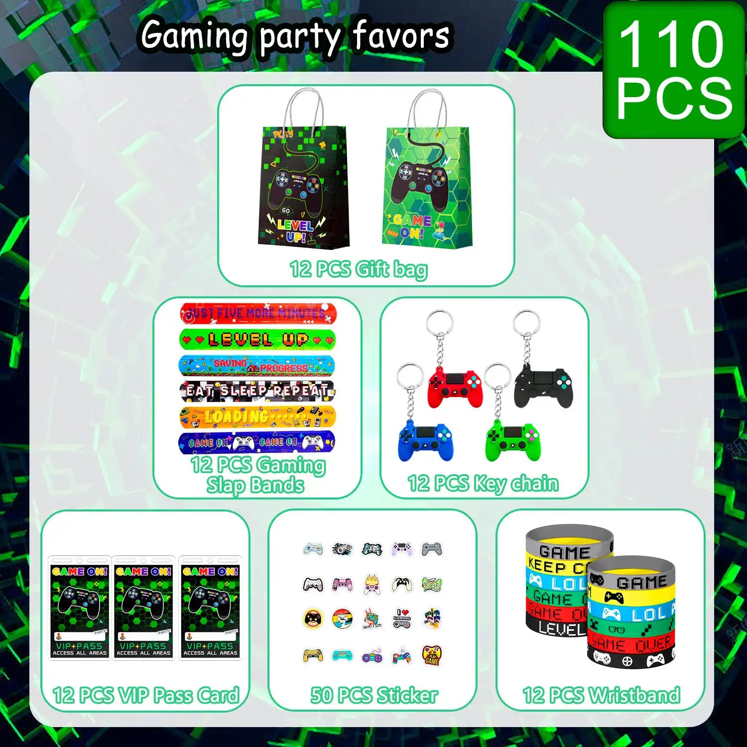 Video Game Party Favors for Kids, 12 Guests Gamer Party Favors Set Including Video Game Wristband Slap Bracelets Keychain Vip Pass Ticket & Gamer Goodie Bags etc Gaming Party Favors for Boys