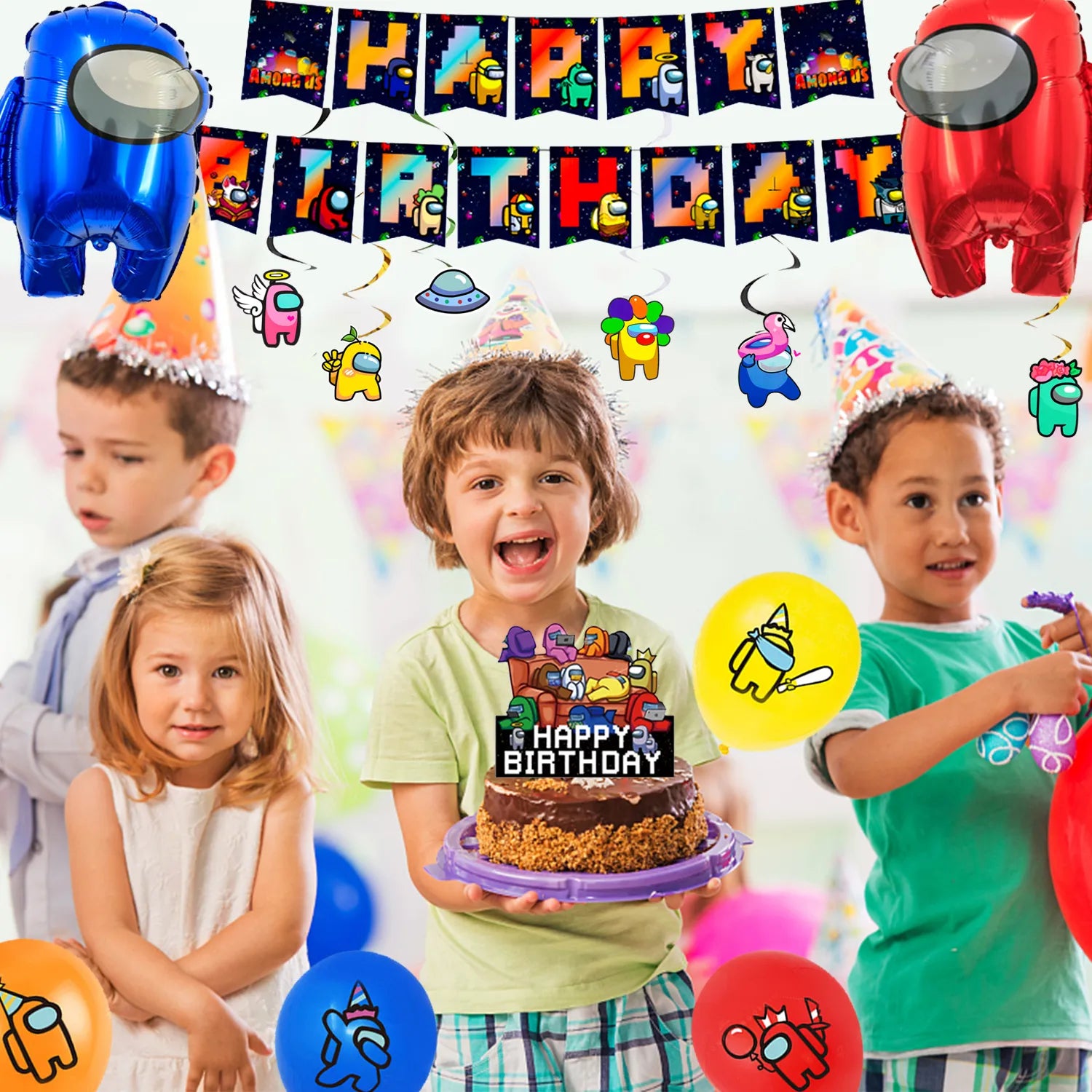 Among Us Party Decorations for Boys Kids-141pcs Among Us Birthday Party Supplies Includ Among Us Birthday Banner Balloons Plates Cups Tablecloth Cake Topper Stickers ect Among Us Party Supplies