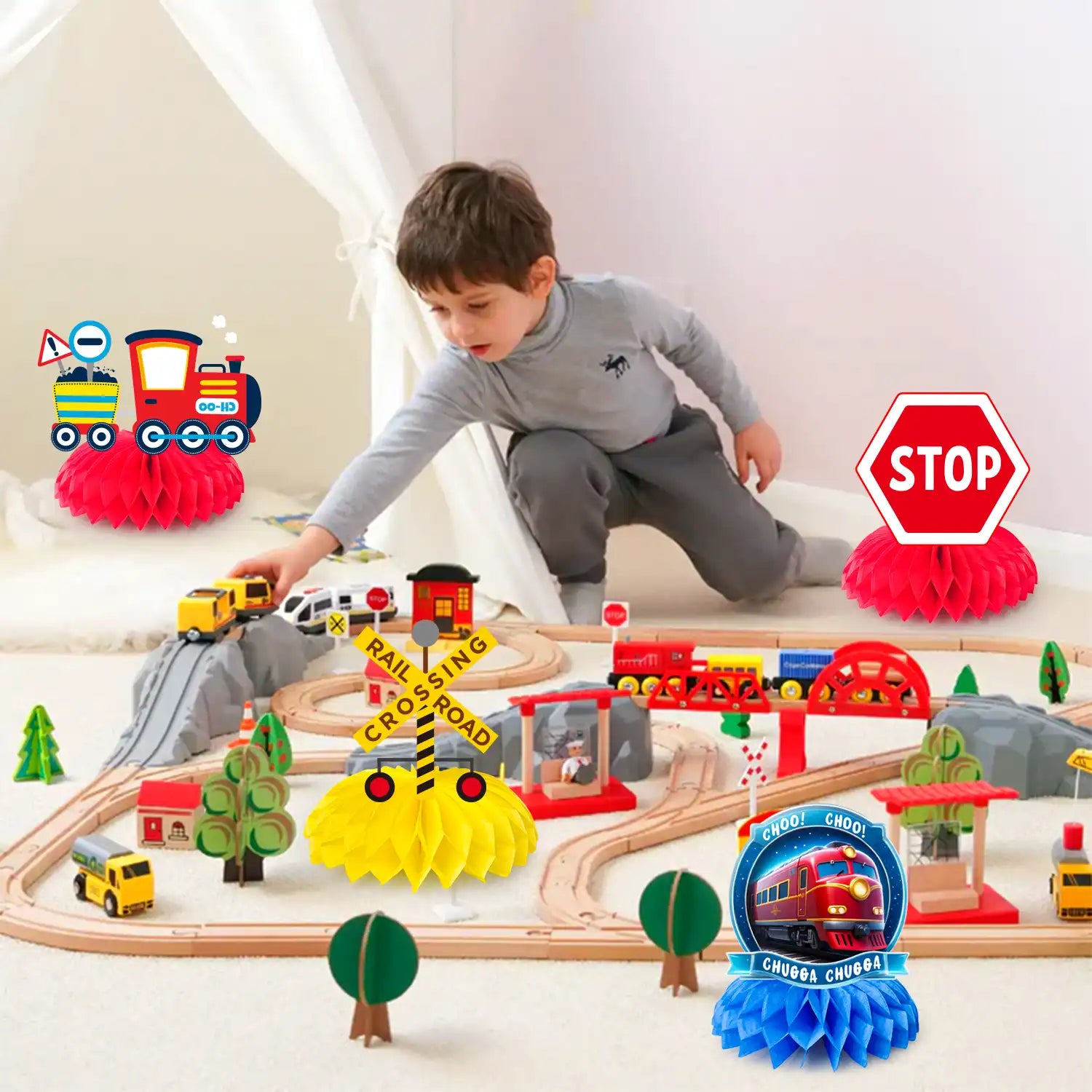 Train Honeycomb Centerpiece, 9 Guests Train Party Decorations Honeycomb Centerpieces Kit- Train Party Honeycomb Centerpiece&Train Birthday Honeycomb Centerpieces for Chugga Chugga Two Two Party Decorations