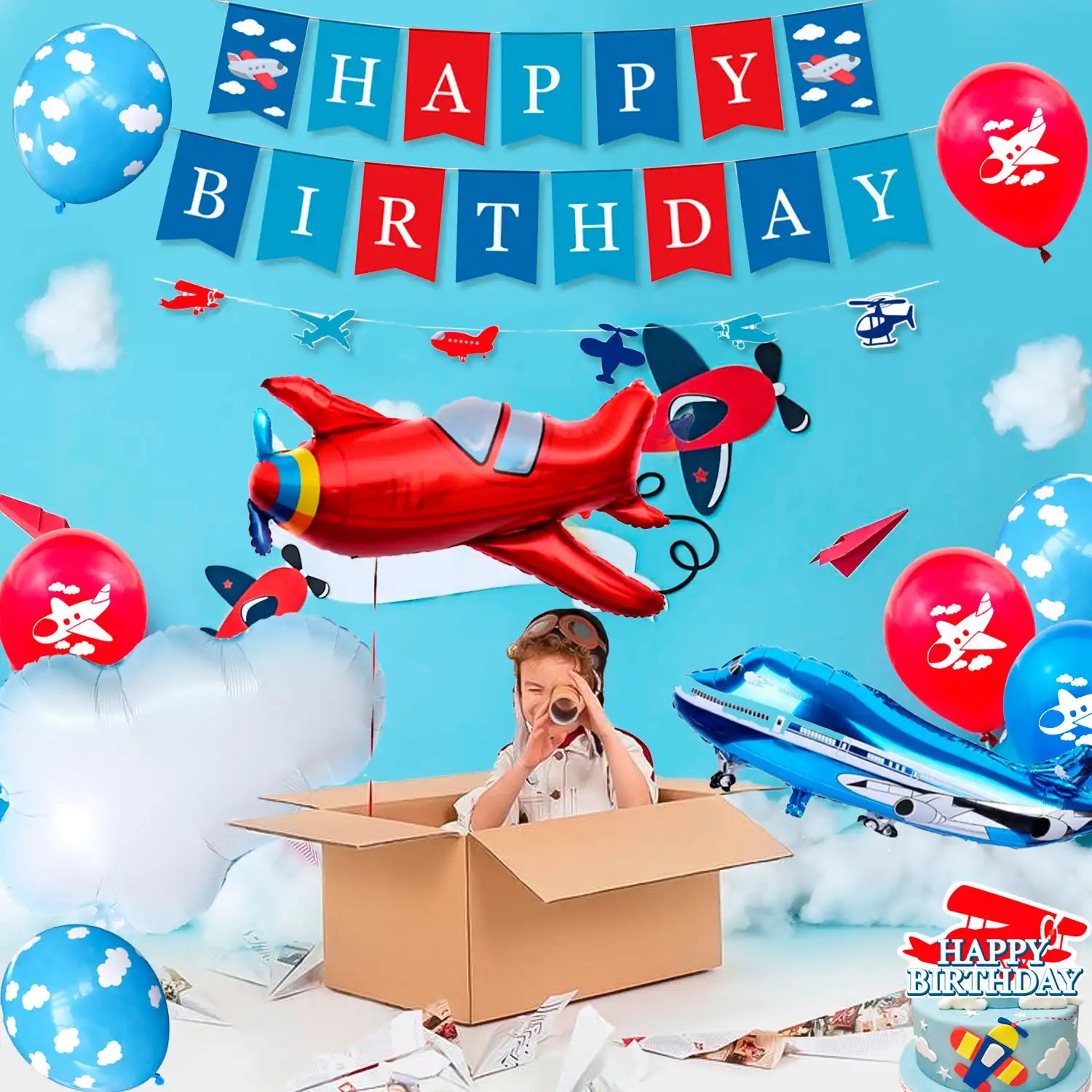 Airplane Birthday Party Decorations, 16 Guests Airplane Party decorations & Airplane Party Tableware set - Airplane Plates Napkins Cups Table Cloth Balloons Backdrop etc Airplane Birthday Party Supplies