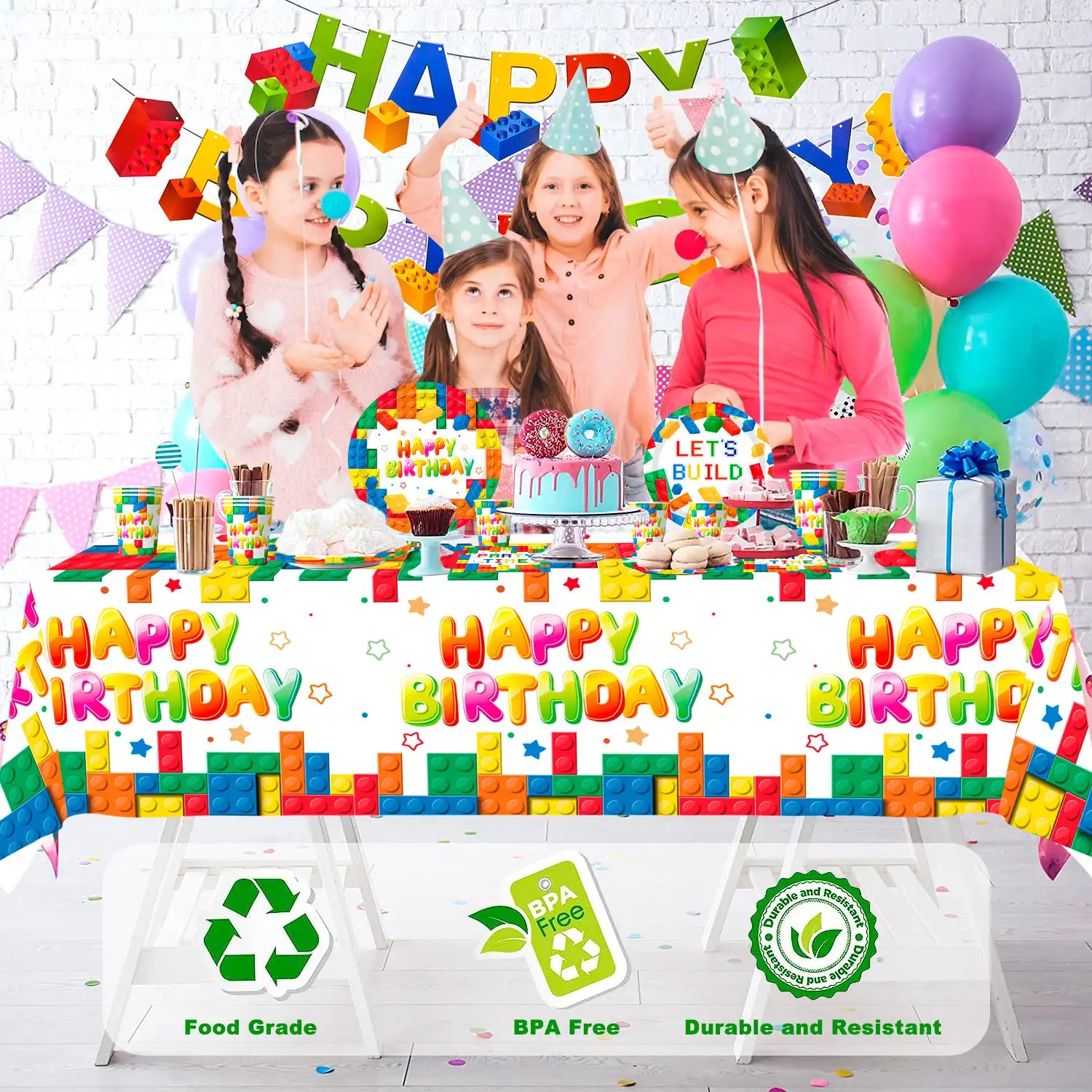 Building Blocks Birthday Party Supplies-16 Guests Building Blocks Party Tableware set-Building Block Party Plates Napkins Tablecloth Banner etc Colorful Building Block Party Supplies for kids Boys/Girls