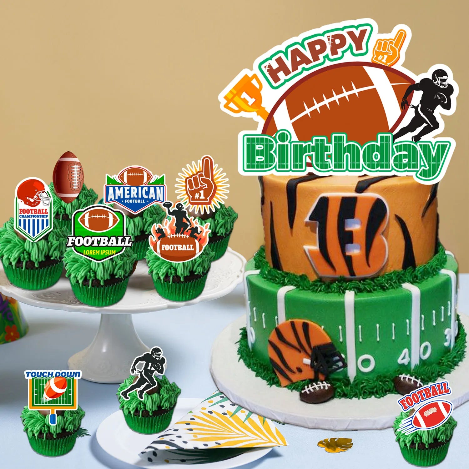 Super Bowl Cake Toppers, 12 Pcs Football Cupcake Toppers Rugby Ball Cupcake Decoration & 1 Pcs Football Birthday Cake Topper/Football Cake Decorations for Football Birthday Party Decorations