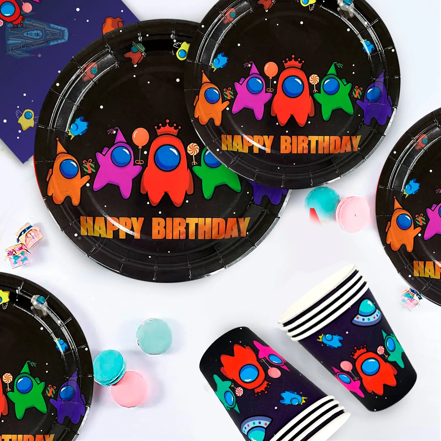 Among Us Birthday Decorations, 144pcs Among Us Party Decorations Tableware - Among Us Balloons Banner Tablecloth Paper Cups, Paper Tray, Napkins etc., Among Us Birthday Party for Boys