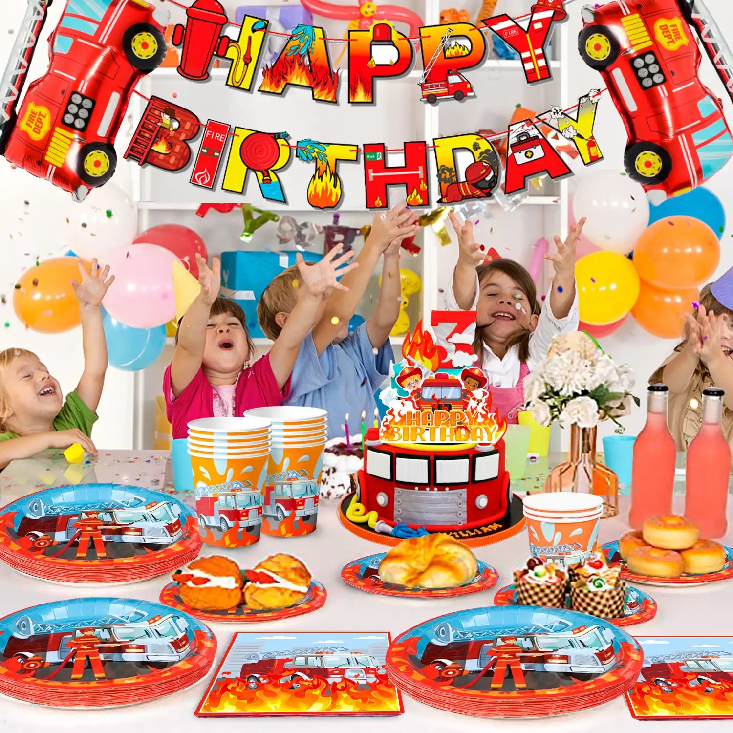 Fire Truck Birthday Party Supplies, 16 Guests Fire Truck Birthday Party Decorations for Boys - Fireman Happy Birthday Banner, Fire Truck Tablecloth Plates Cups Napkins ect Fire Truck Theme Birthday Party