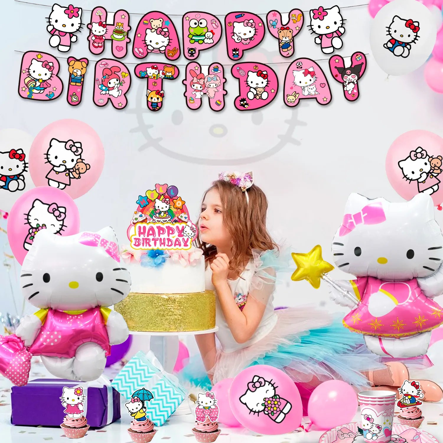 Hello Kitty Birthday Decorations,84pcs Hello Kitty Party Decorations & Hello Kitty Party Tableware Set - Hello Kitty Party Plates Cups Napkins Backdrop Balloon Banner etc Hello Kitty Party Supplies