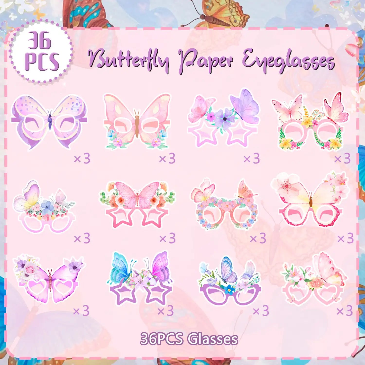 Butterfly Paper Glasses - 36 Pcs Butterfly Party Paper Eyeglasses, Spring Butterfly Theme Paper Party Glasses for Butterfly Photo Booth Props or Butterfly Birthday Decorations Supplies