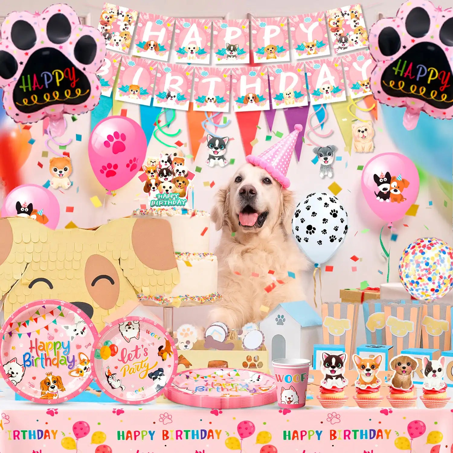 Puppy Birthday Decorations, 16 Guests Puppy Party Decorations & Pink Dog Tableware Set- Pink Puppy Plates Cups Napkins & Dog Birthday Banner Balloons Cupcake Toppers etc Dog Birthday Party Supplies