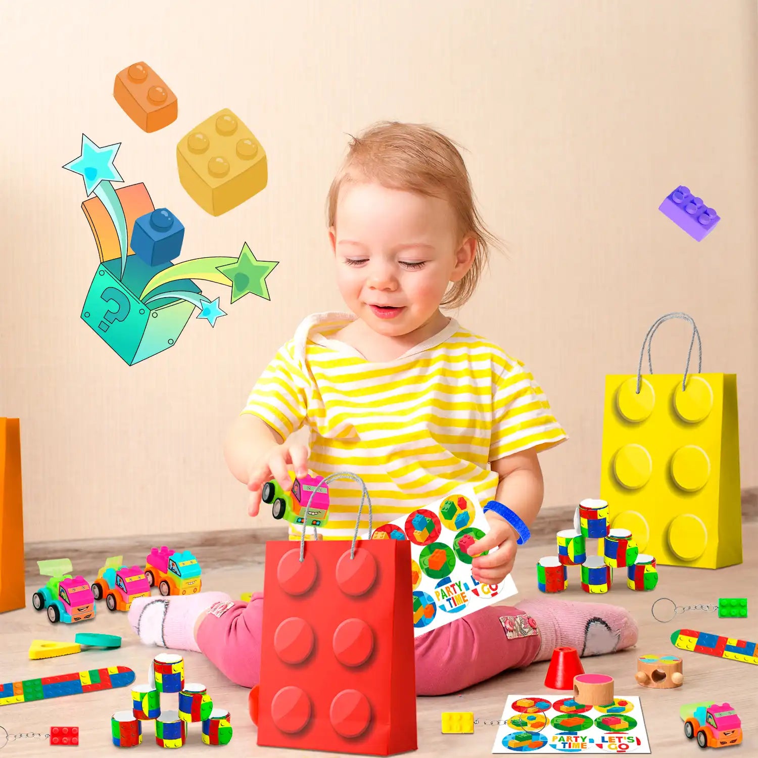 Building Block Birthday Party Favors, 12 Guests Building Blocks Party Favors Set- Building Block Favor Bags,Building Block Birthday Party Keychains Slap Bracelets etc Building Block Themed Party Favors