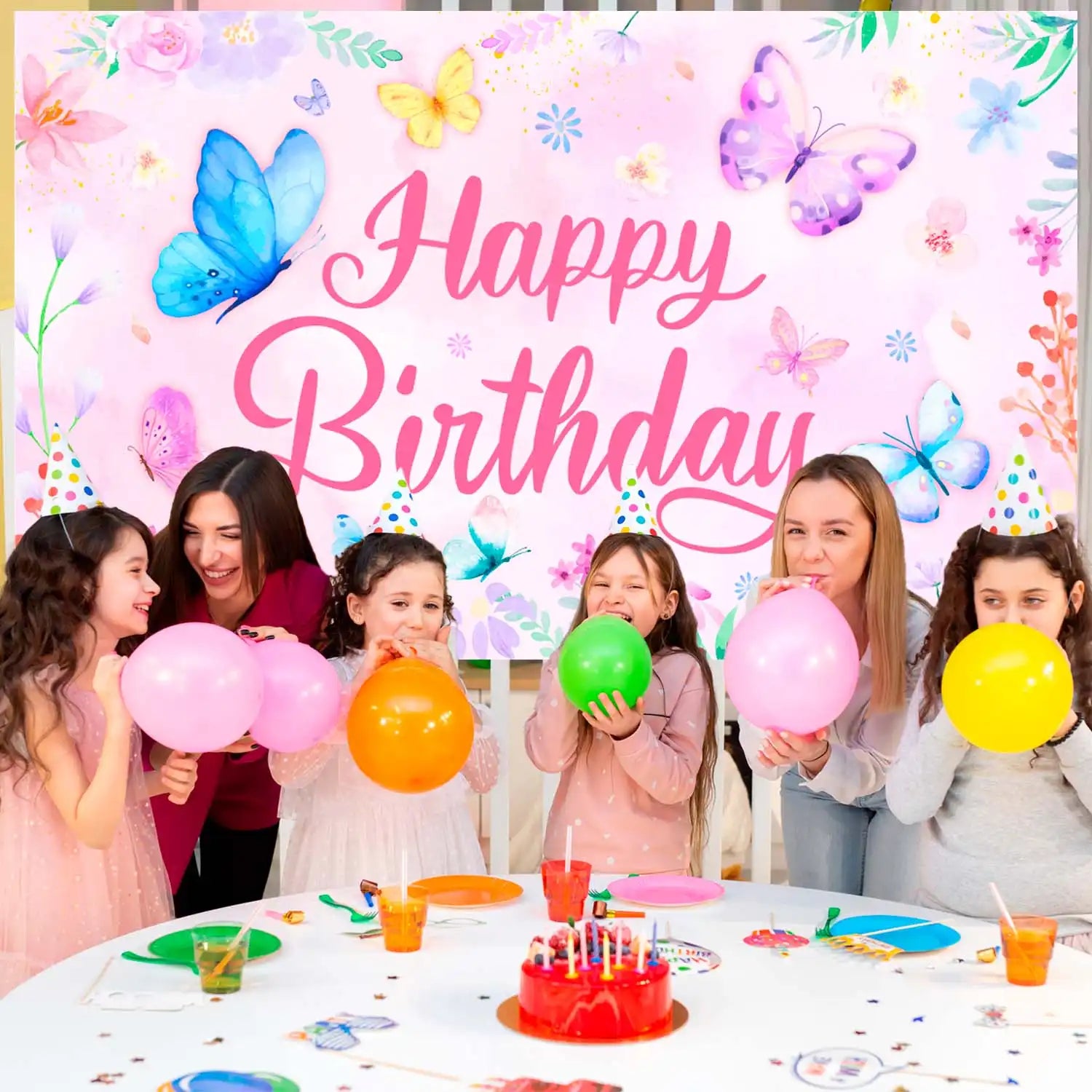 43'' x 71'' Butterfly Birthday Backdrop for Butterfly Birthday Party Decorations Supplies, Butterfly Birthday Party Banner Background Butterfly Background for Spring Butterflies Birthday Decorations
