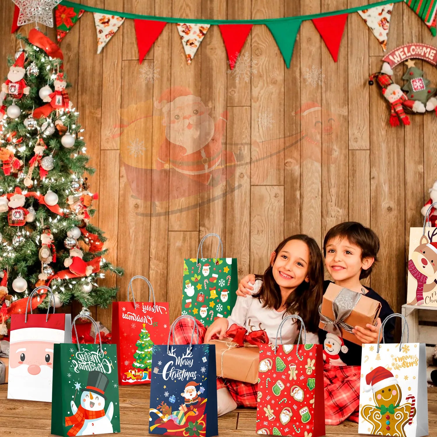 Christmas Bags Bulk, 24 Pcs Xmas Bags for Gifts Set - Christmas Wrapping Bags, Christmas Party Gift Bags & Christmas Paper Bags with Handles, for Kids/Men/Women Christmas Party Decorations Presents