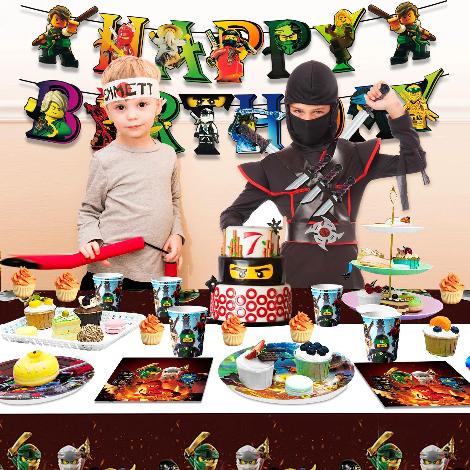 Ninja Birthday Party Decoration Tableware Set, 16-Person Ninja Party Supplies Tableware - Ninja Table Cloth Banner Plates Napkins Cups etc for Ninja Birthday Party Decorations Serves 16