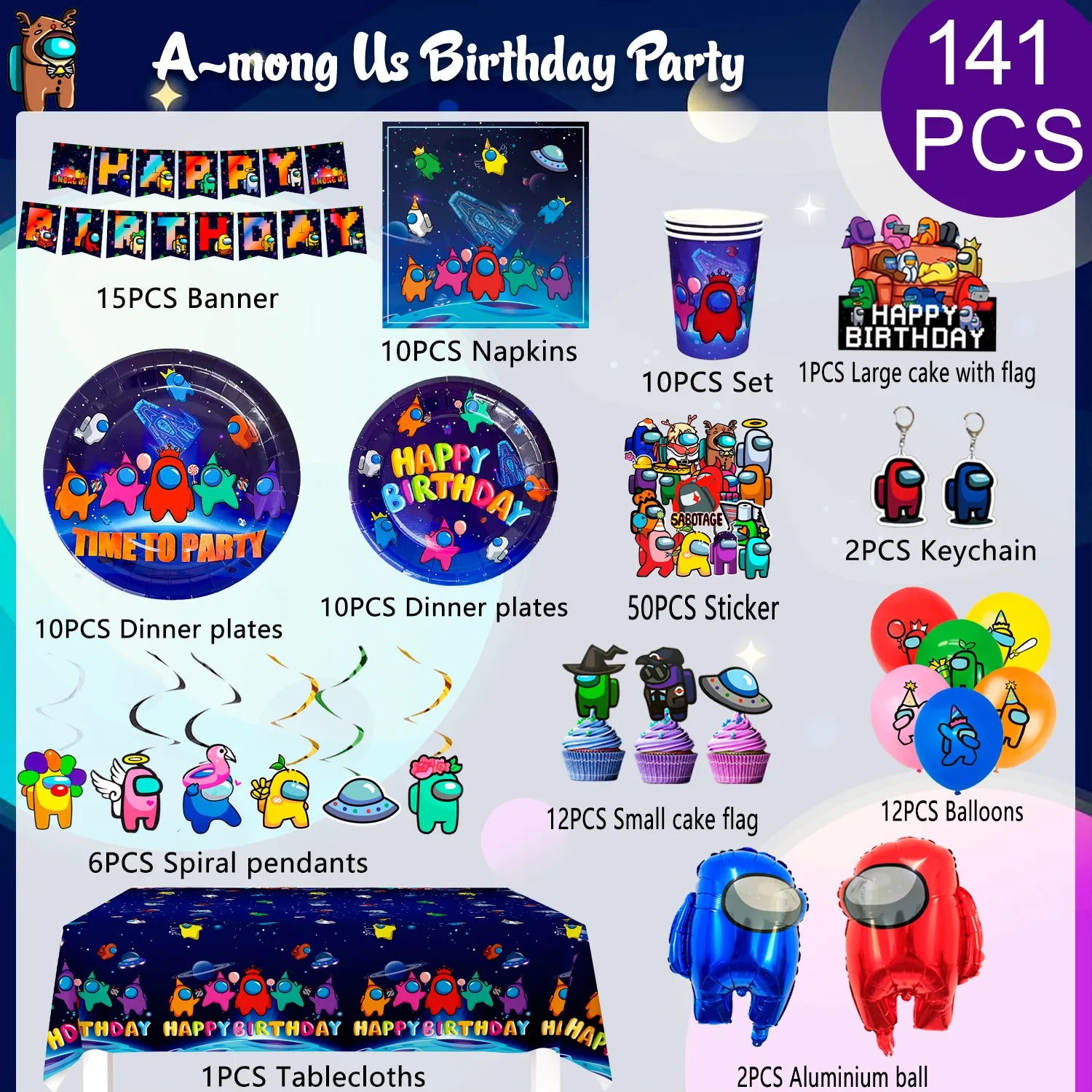 Among Us Party Decorations for Boys Kids-141pcs Among Us Birthday Party Supplies Includ Among Us Birthday Banner Balloons Plates Cups Tablecloth Cake Topper Stickers ect Among Us Party Supplies