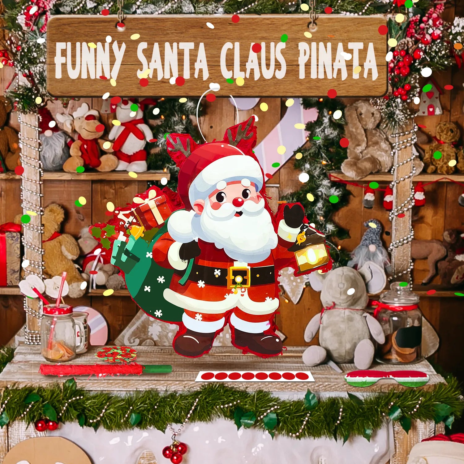 Christmas Santa Claus Piñata, 13.3'' Christmas Piñata Bundle - Santa Claus Piñata, Christmas Party Games Stick Blindfold etc Christmas Decorations for Christmas Party Decorations Piñata