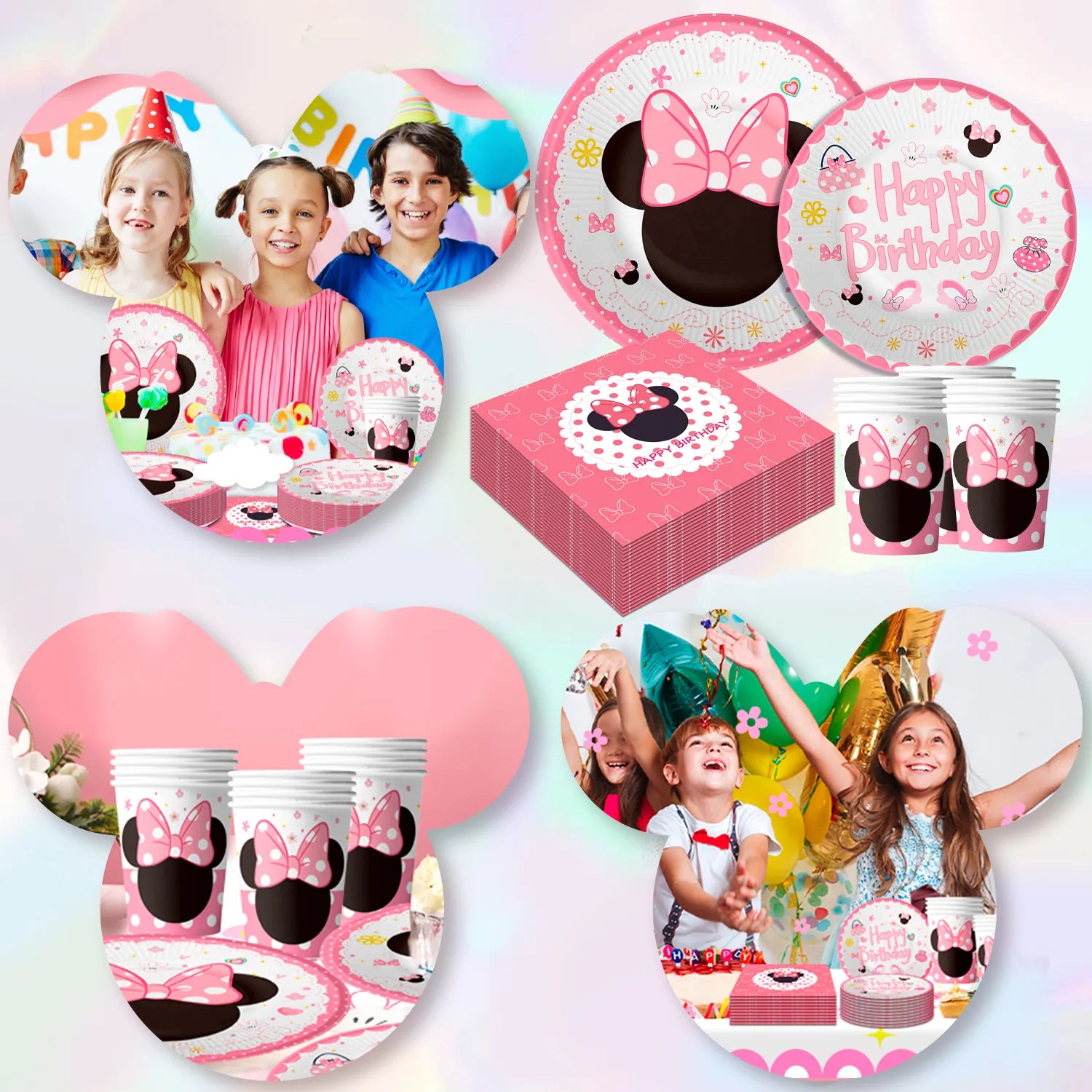 Minnie Mouse Party Supplies,16-Person Minnie Mouse Tableware Set - Min-niee Mou-ses Plates and Napkins Cups and Minnie Mouse Table cloth etc Minnie Mouse Birthday Party Supplies for Girls