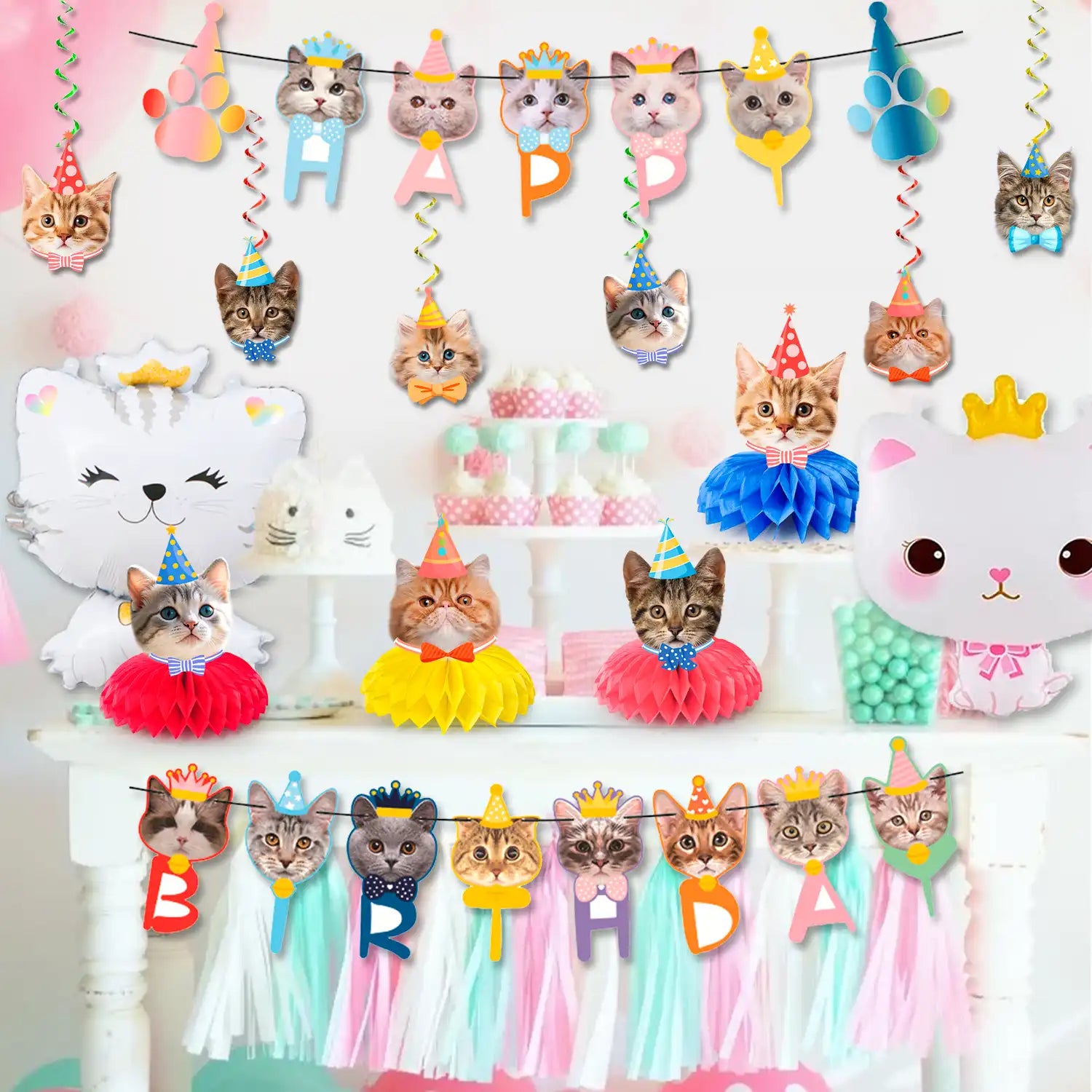 Cat Birthday Party Decorations, 27 Pcs Cat Birthday Decorations Set - Cat Themed Birthday Banner Balloon & Cat Swirl Decorations etc Cat Party Decorations for Cat Themed Birthday Party Supplies