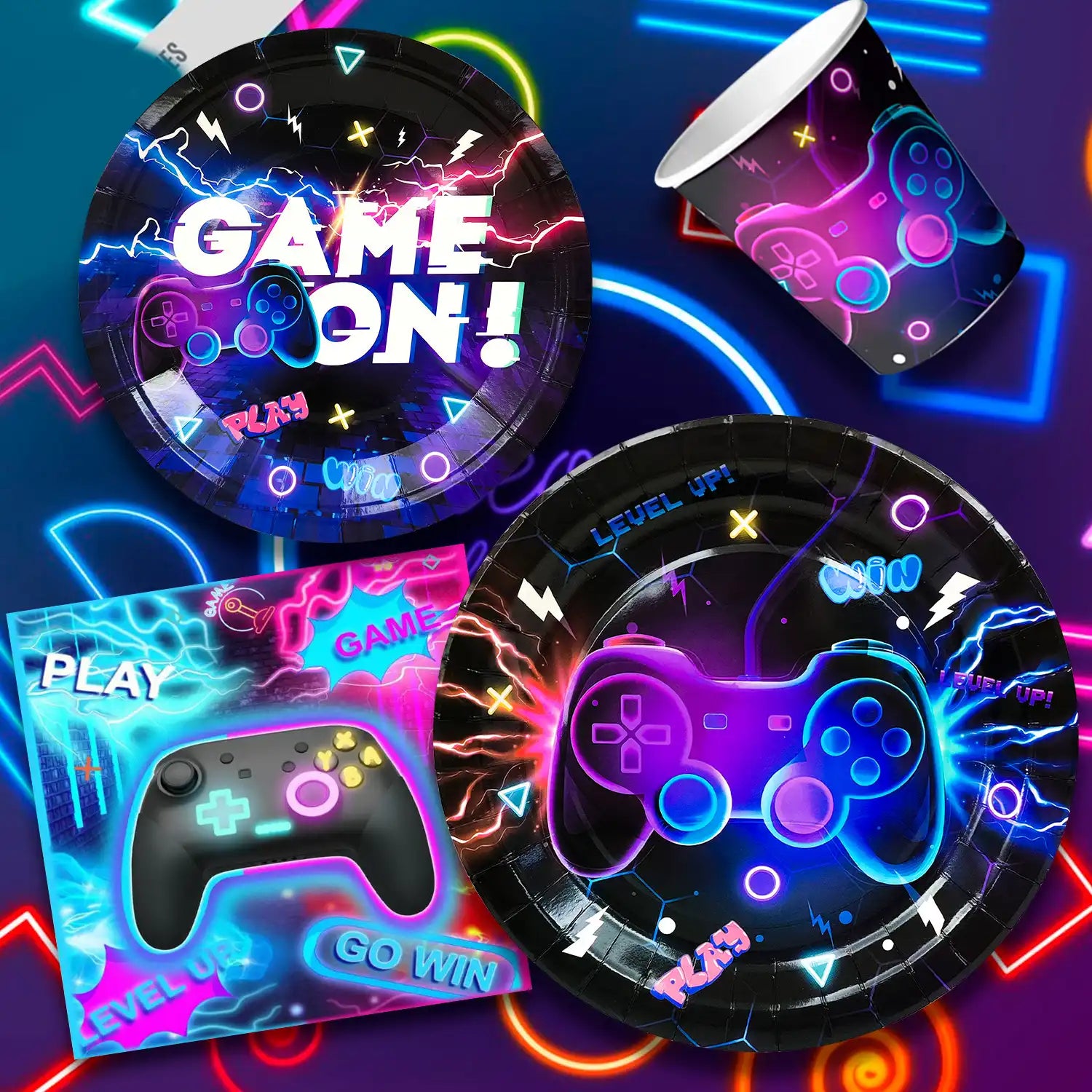 Video Game Birthday Decorations Tableware,65Pcs Game On Birthday Party Tableware Set-Video Game Birthday Plates Napkins Cups Tablecloth etc Glowing Game Party Tableware for Video Game Party Supplies
