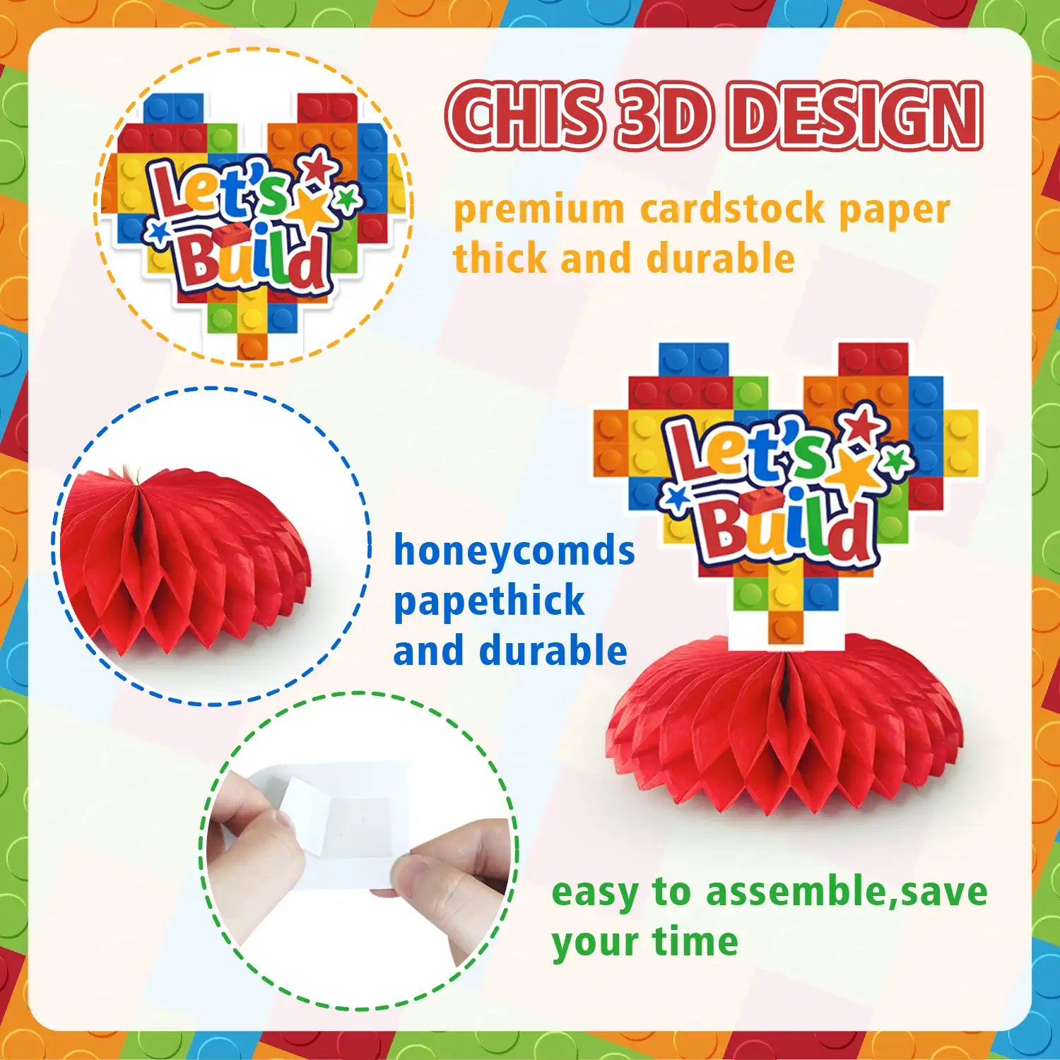 Building Block Honeycomb Centerpieces, 9 Pcs Building Block Themed Honeycomb Centerpieces Building Block Honeycomb Table Decorations Building Block Party Honeycomb for Building Block Birthday Party