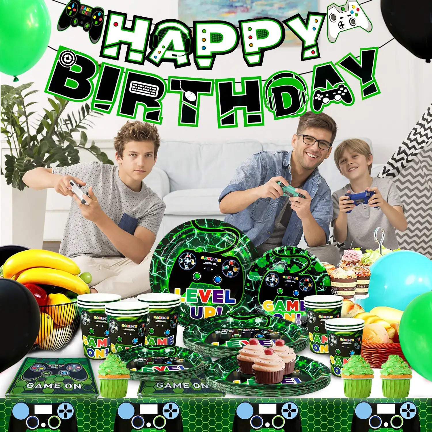 Video Game Party Supplies, 16 Guests Video Game Party Tableware Set - Video Game Plates and Napkins,Cups Table Cloth&Gamer Birthday Decorations Banner etc Gaming Birthday Party Supplies for Boys Kids