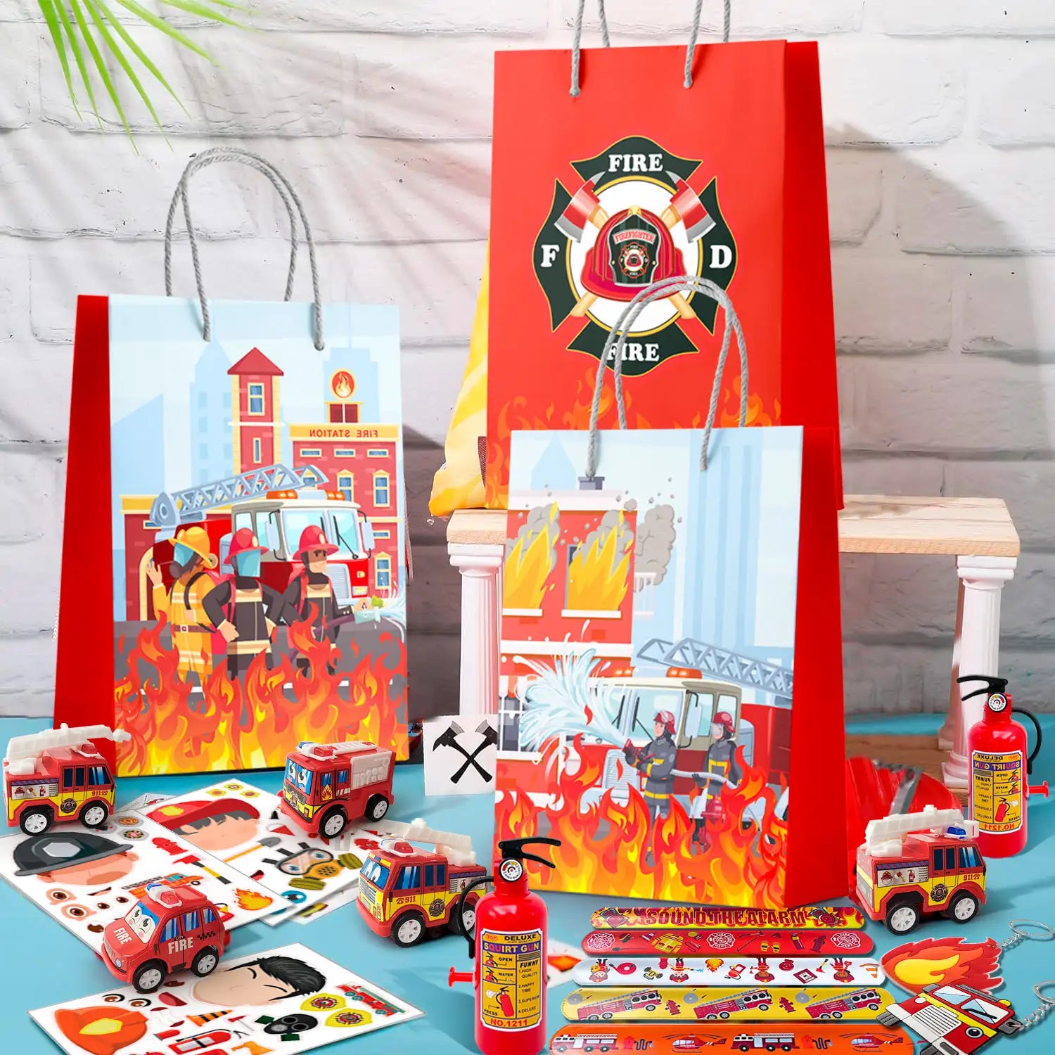 Firefighter Party Favors,12 Guests Fire Truck Party Favors Set- Firefighter Party Stickers Slap Bracelets Keychains etc Firefighter Themed Party Favors for Firefighter Birthday Party Decorations Supplies
