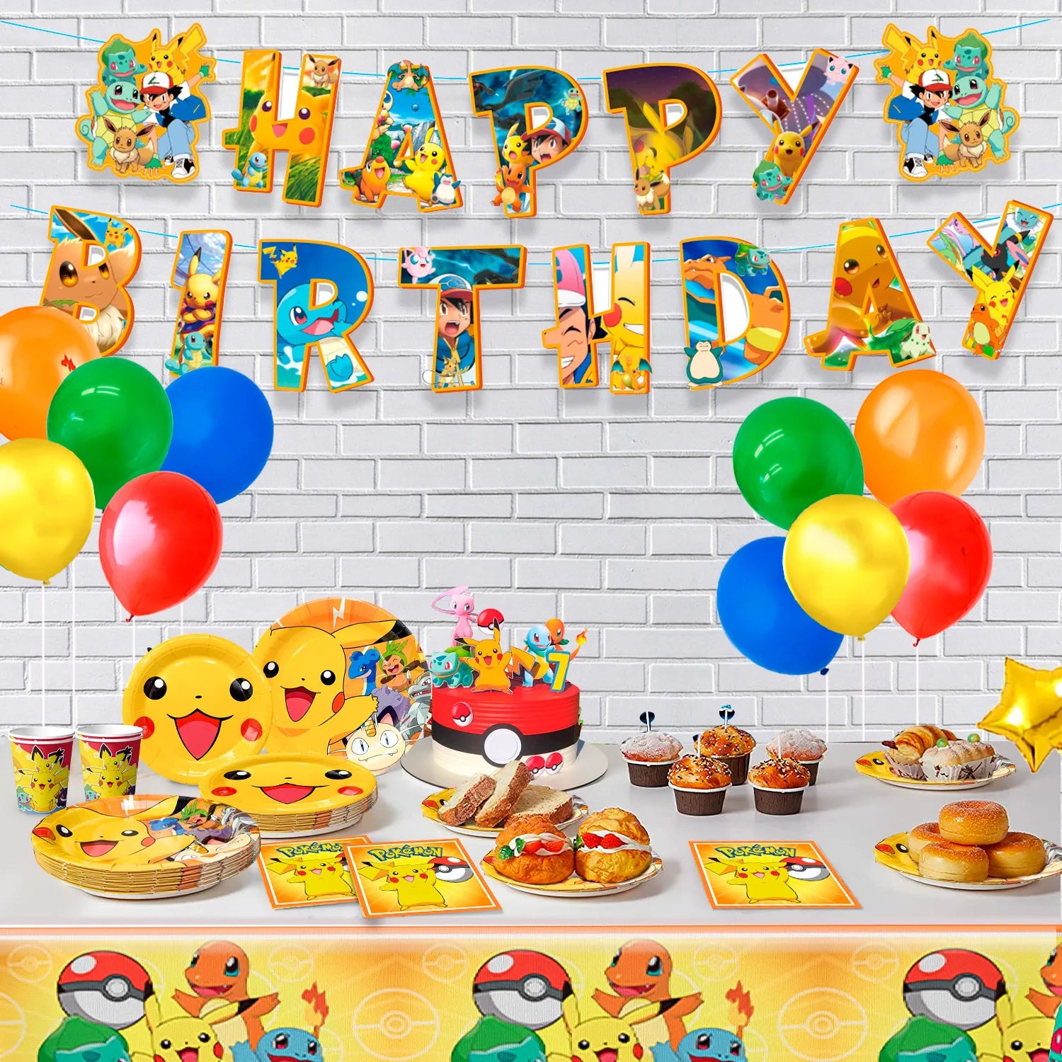 Pokemon Theme Birthday Party Decoration Tableware Set, 66Pcs Pokemon Party Supplies Tableware - Pokemon Table Cloth Banner Plates Napkins Cups for Pokemon Birthday Party Decorations