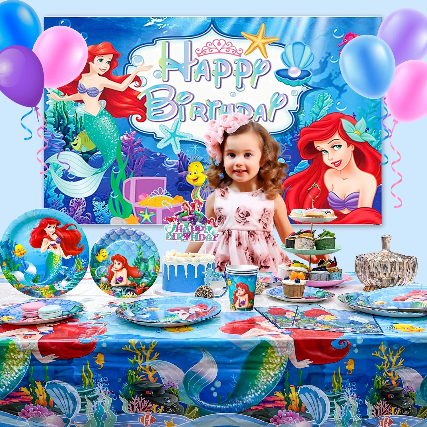 Little Mermaid Birthday Party Supplies,155pcs Little Mermaid Party Decorations and Tableware Set- Little Mermaid Party Plates and Napkins Stickers Backdrop etc Little Mermaid Birthday Party Theme Supplies