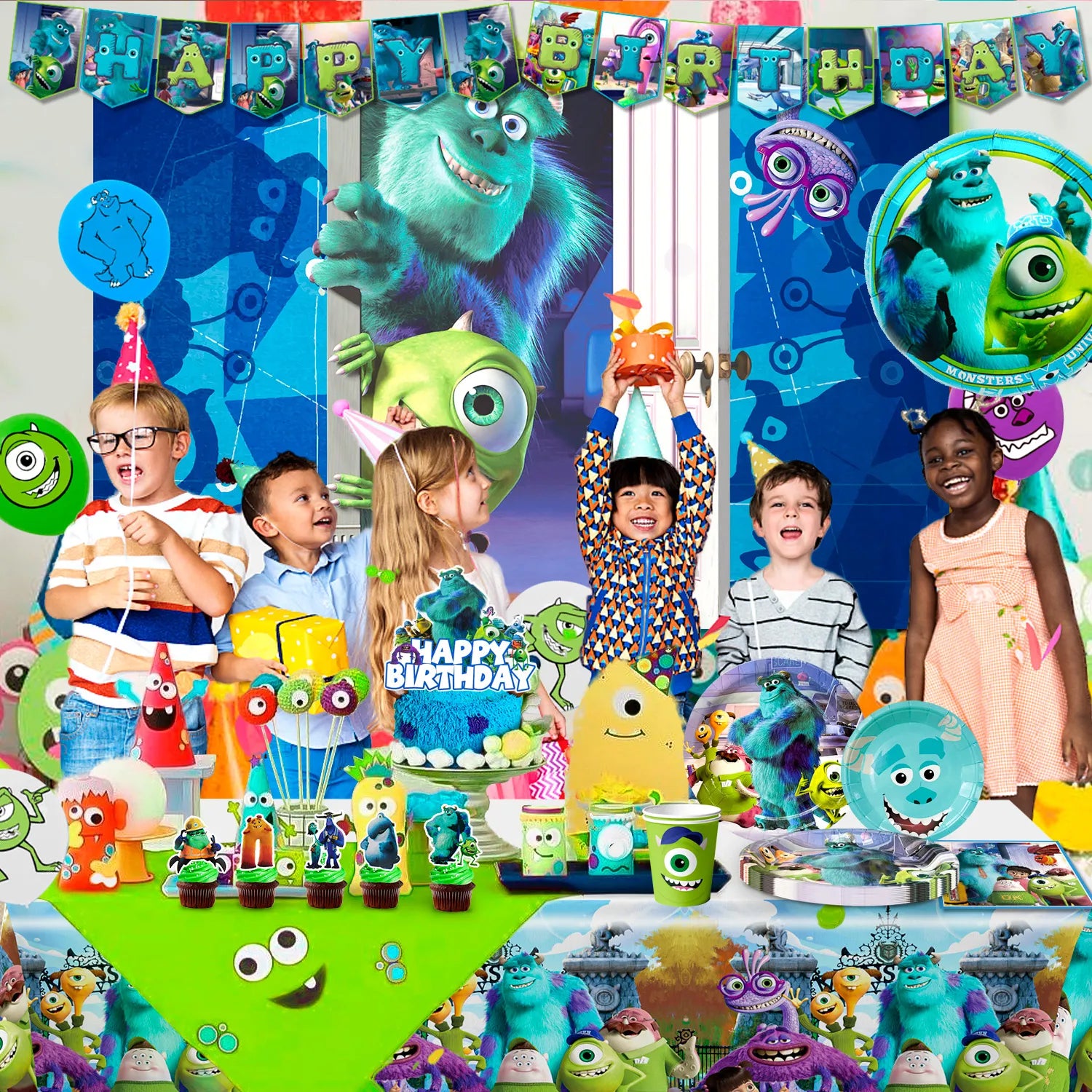 Monsters Inc Birthday Decorations, 10-Person Monster Inc Party Decorations & Tableware Set- Monsters Inc Party Supplies Plates,Monster Inc Balloons Banner Backdrop etc Monster Inc Birthday Party Supplies