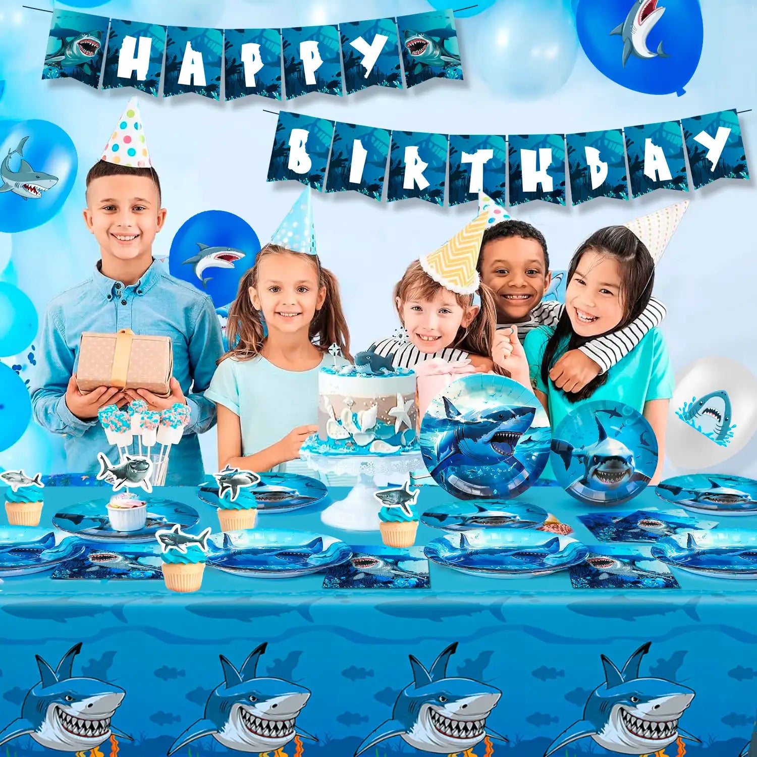 Shark Party Supplies, 10 Guests Shark Birthday Party Decorations & Shark Party Tableware Set - Shark Plates and Napkins Tablecloths & Shark Balloons Banner Shark Cake Toppers etc Shark Party Decorations