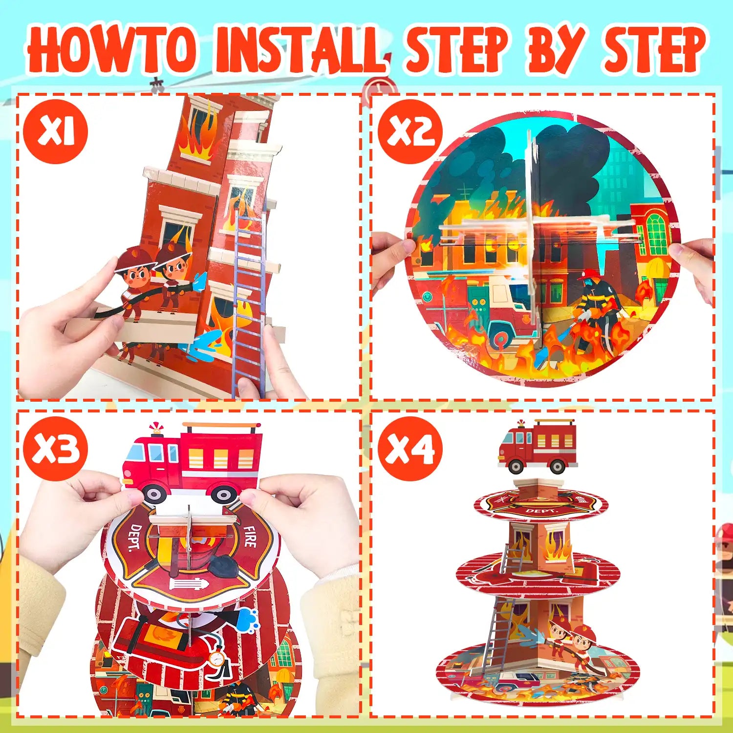 Firefighter Party Decoration Cupcake Stand, Firefighter Birthday Party Decorations - 3 Tier Fire Truck Cupcake Tower, Fire Fighter Theme Cake Holder Dessert Stand for Firetruck Birthday Decorations