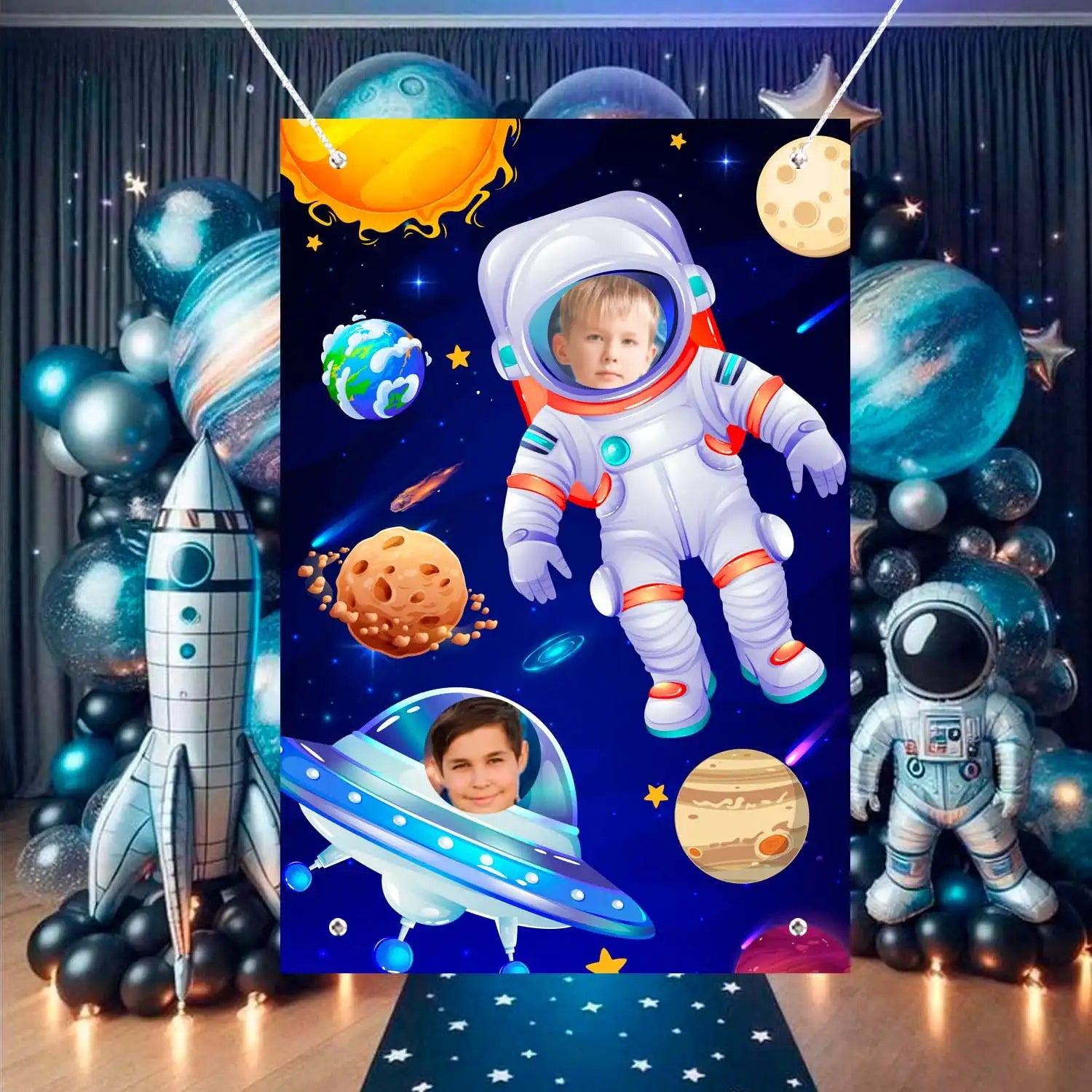 Astronaut Face Photography Background, 59.06''x39.37'' Space Theme Backdrop/Outer Space Birthday Party Backdrop/Outer Space Party Backdrop for Space Photo Prop & Space Birthday Party Decorations