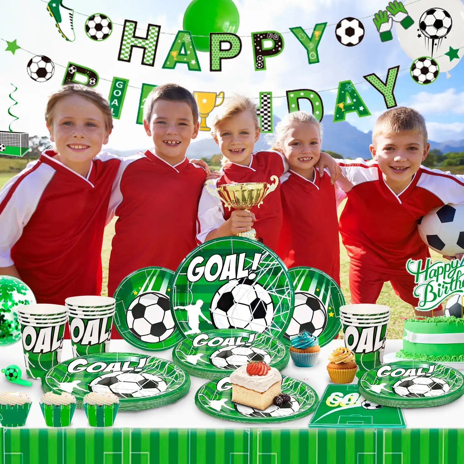 Soccer Birthday Party Supplies, 16 Guests Soccer Party Decorations & Tableware Set -Soccer Birthday Banner Balloons Tablecloth Plates Cups Napkins & Whistle Keychain,Ect Boys Sports Theme Birthday Decor