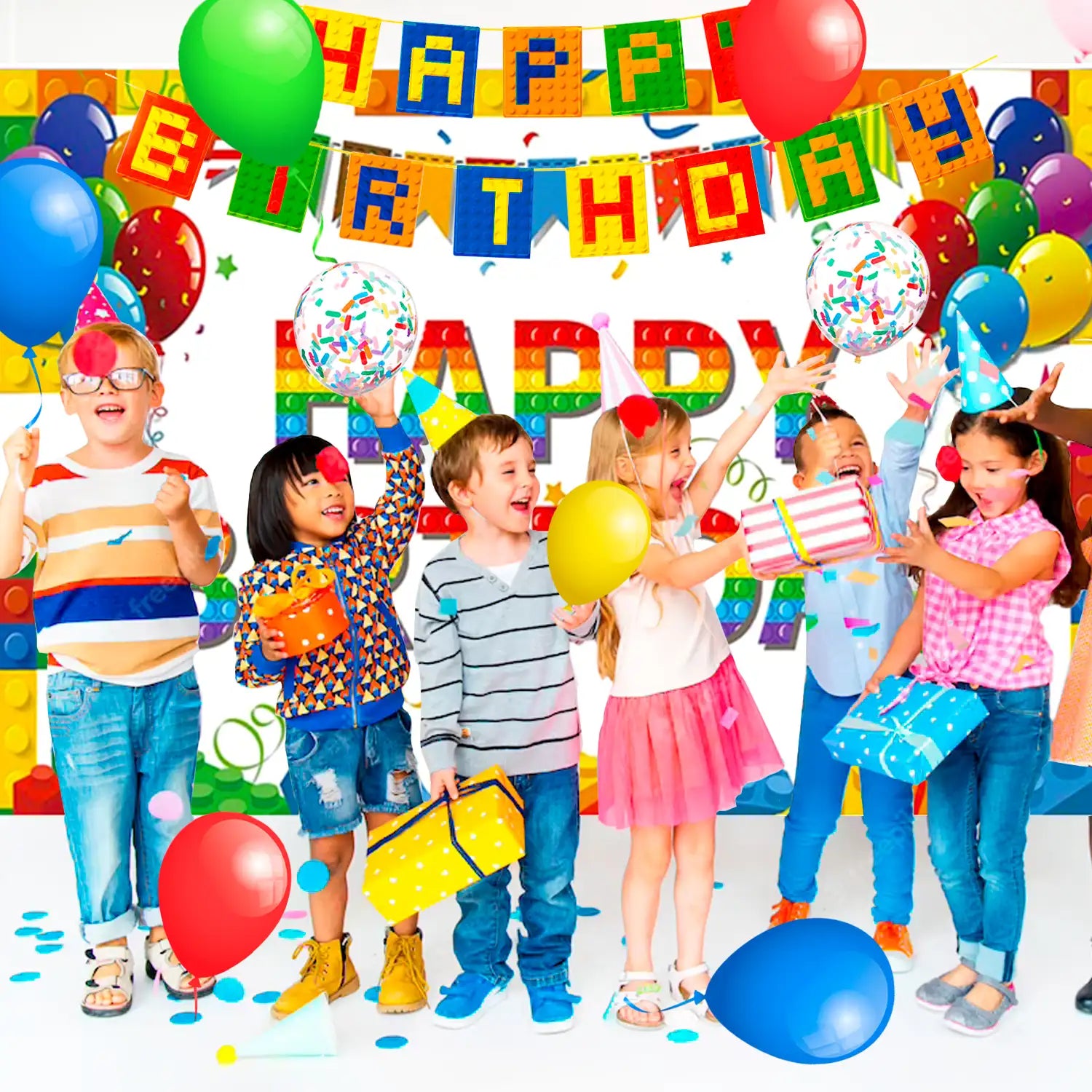 Building Block Birthday Party Supplies, 10 Guests Building Blocks Party Decorations & Tableware Set - Building Block Party Plates Tablecloth Banner Backdrop etc Building Blocks Themed Party Supplies