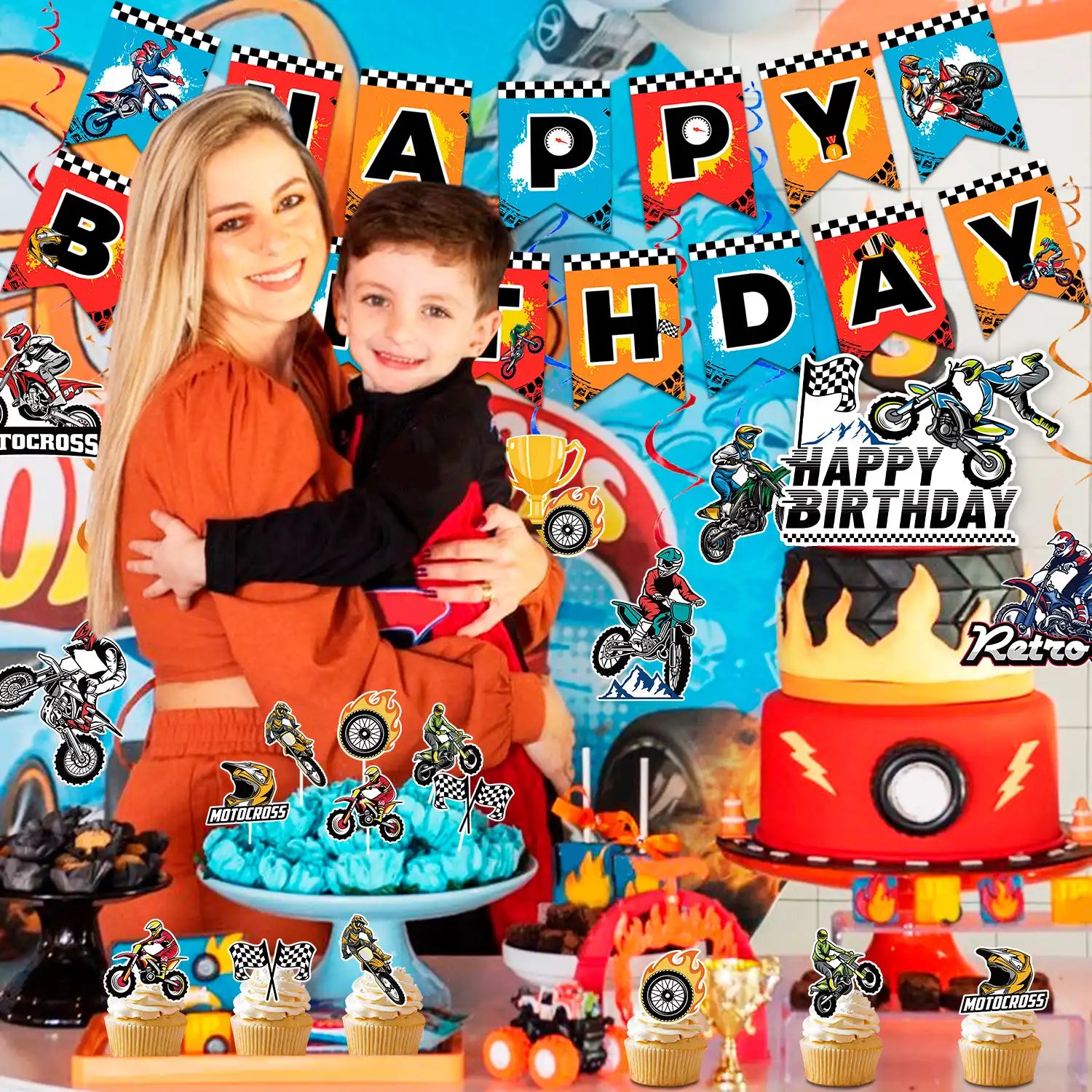 Dirt Bike Birthday Party Decorations, 20 Pcs Dirt Bike Party Supplies - Motorcycle Birthday Banner, Motocross Party Hangling Swirls & Dirt Bike Birthday Cake Topper etc Motorcycle Birthday Decorations
