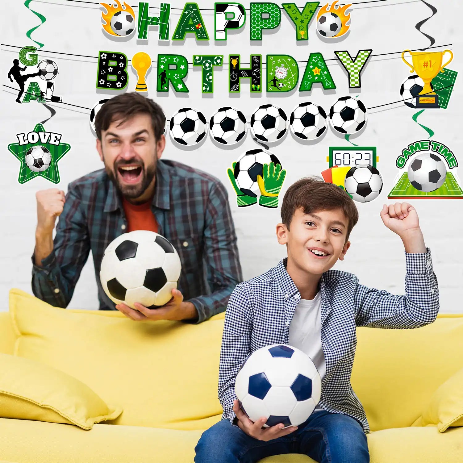 Soccer Hanging Swirl, 8 Pcs Soccer Birthday Party Decorations Set - Happy Birthday Soccer Banner, Soccer Themed Hanging Foil Swirls & Soccer Garland for Soccer Birthday Party Supplies
