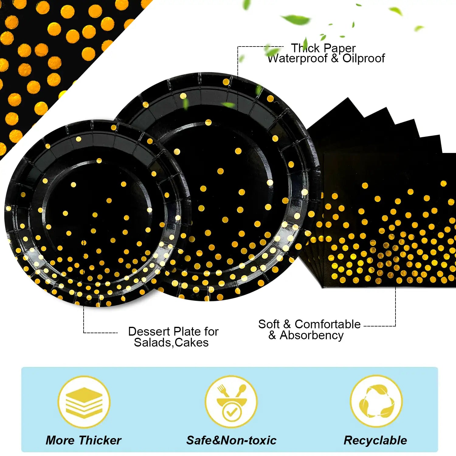 Black and Gold Party Decorations Tableware, 24 Guests Black Gold Polka Dot Tableware Set - Black and Gold Paper Plates&Black Golden Dot Paper Cups&Black and Gold Table Cover etc Black Gold Party Supplies