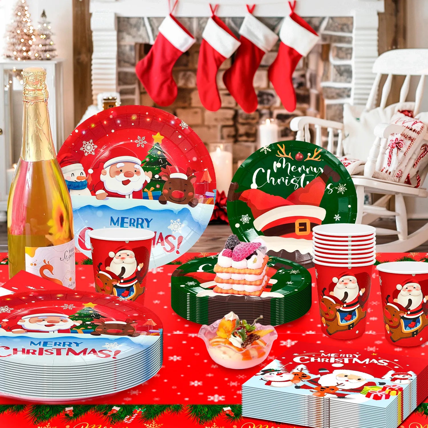 Christmas Tableware,65pcs Christmas Party Tableware Set Including Christmas Paper Plates and Napkins Cups and Christmas Tablecloth etc Xmas Party Tableware for Boys/Girls Christmas Party Supplies