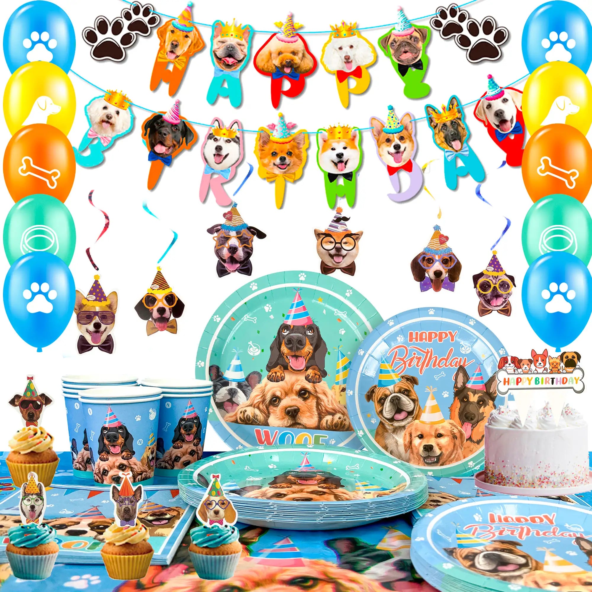 Puppy Birthday Party Supplies for Kids, 16 Guests Dog Theme Birthday Party Supplies Include Dog Party Plates Cups Napkins Tablecloth  Banner Balloon Cake Topper ect Puppy Themed Party Supplies