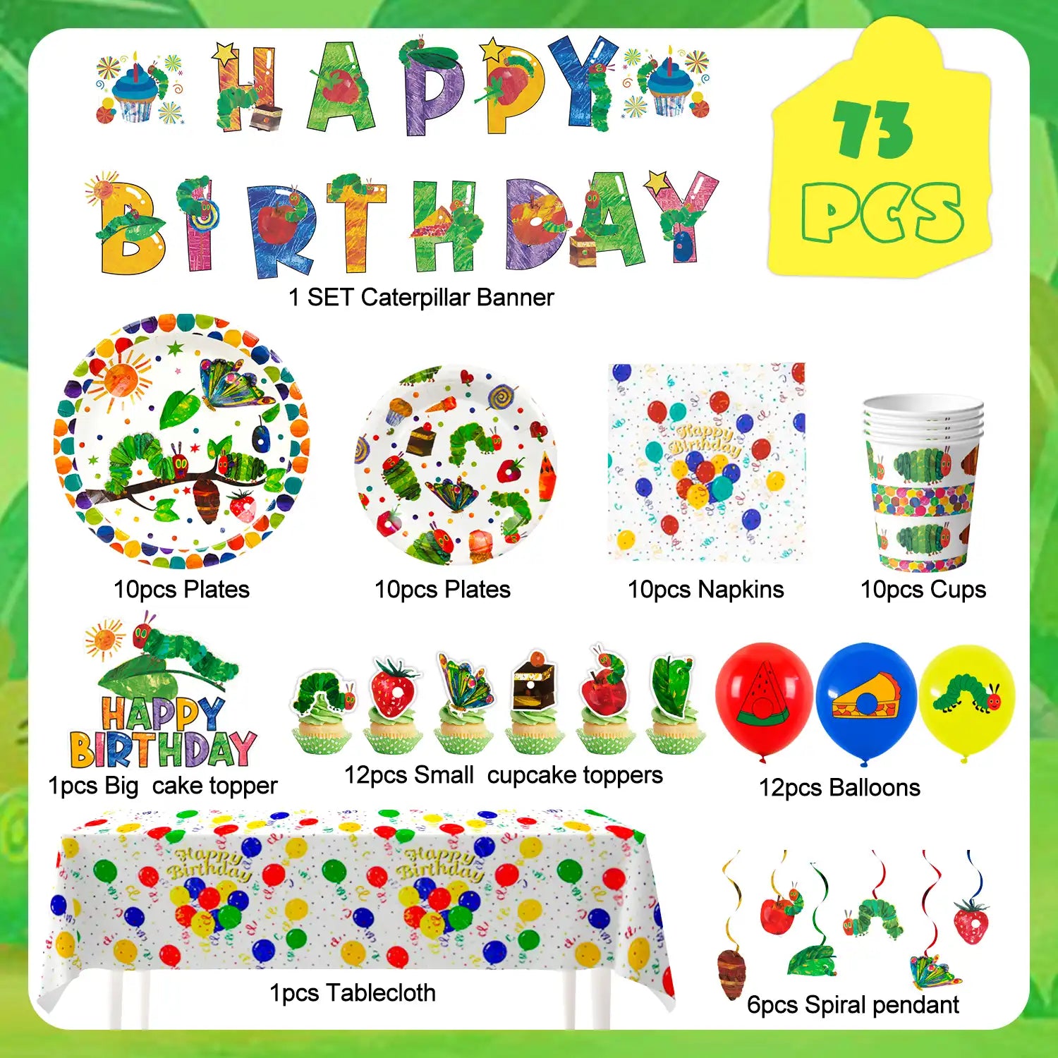 The Very Hungry Caterpillar Party Supplies,73pcs Hungry Caterpillar Birthday Decorations & Tableware Set- Hungry Caterpillar Party Plates Tablecloth Banner Balloon etc Hungry Caterpillar Decorations