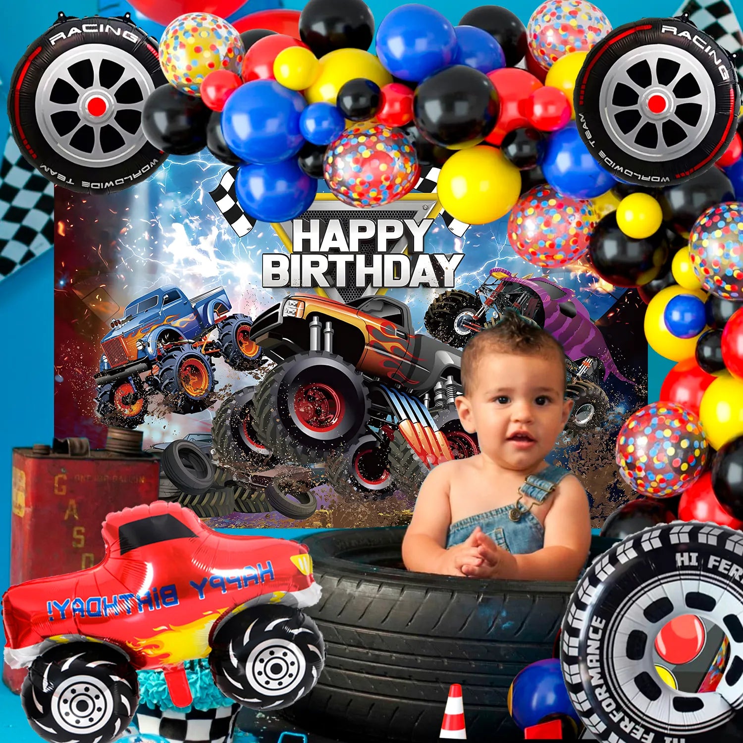 Big Tire Truck Party Supplies, 26 Pcs Truck Birthday Decorations - Monster Truck Party Balloons and Truck Birthday Backdrop Tablecloth for Big Tire Truck Birthday Party Decorations