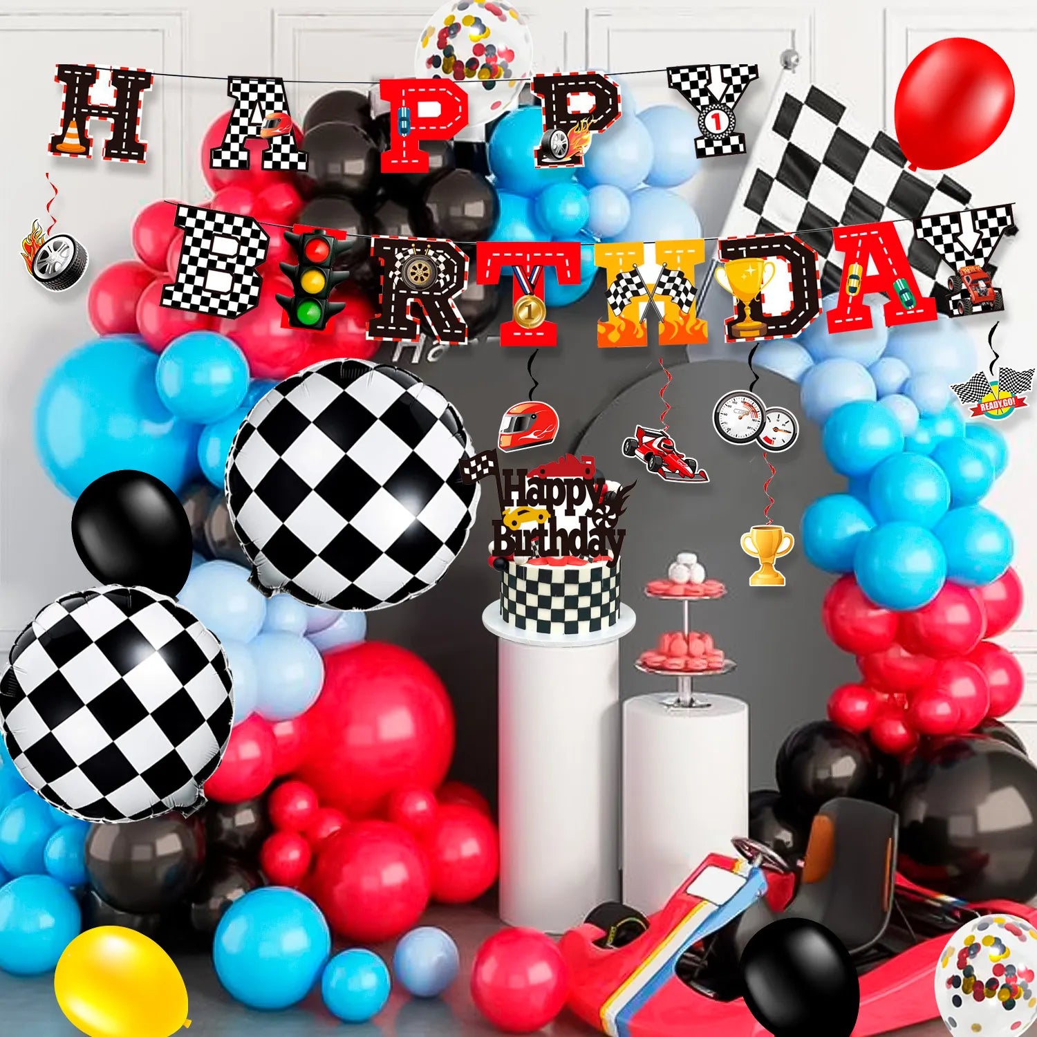 Race Car Birthday Decorations, 87 Pcs Race Car Birthday Party Decorations&Race Car Birthday Party Tableware Set - Race Car Birthday Plates Napkins Balloons Hanging Swirl etc Racing Car Party Supplies