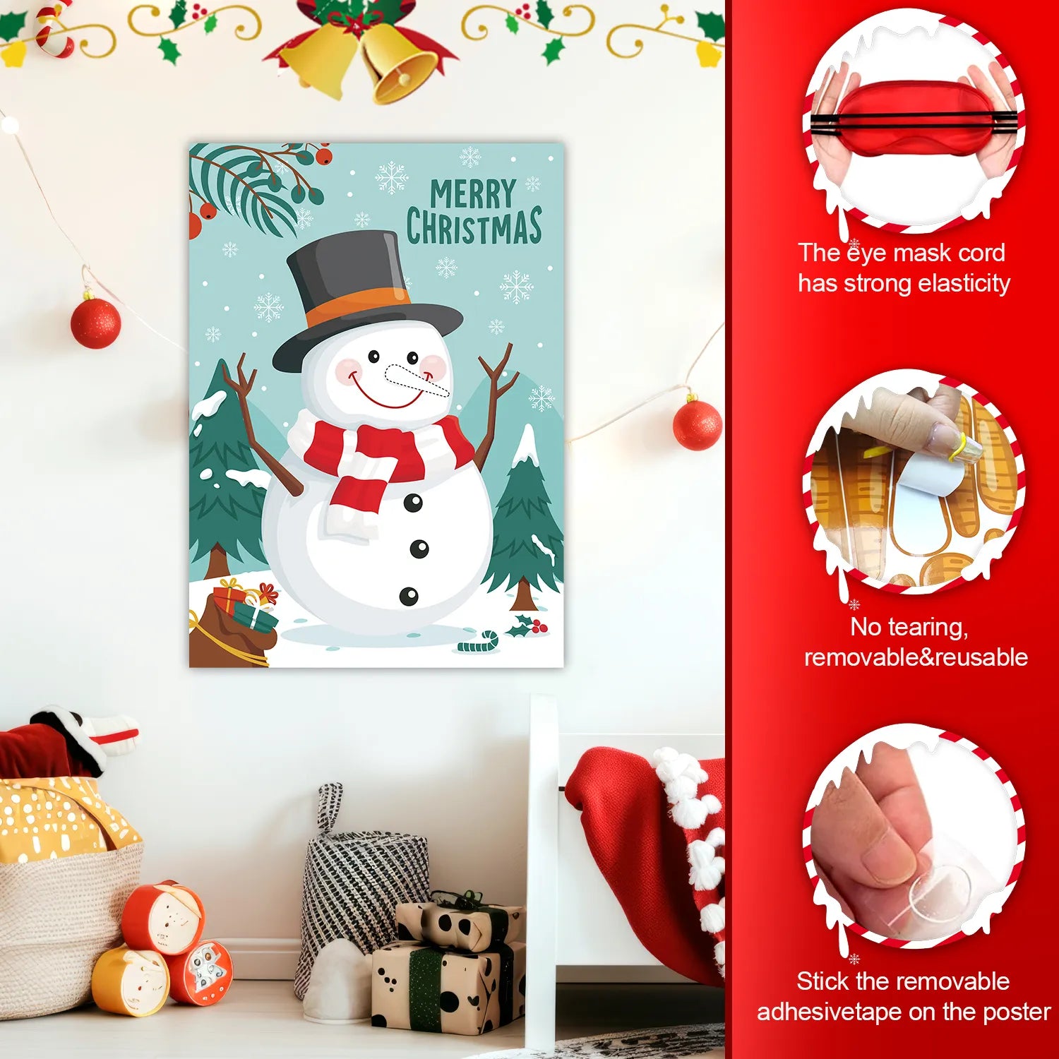 Christmas Pin The Nose Game, 5 Pcs Pin The Nose on The Snowman Game Supplies - Christmas Pin The Poster, Christmas Party Blindfold and Carrot Nose Christmas Stickers for Kids Christmas Party Games