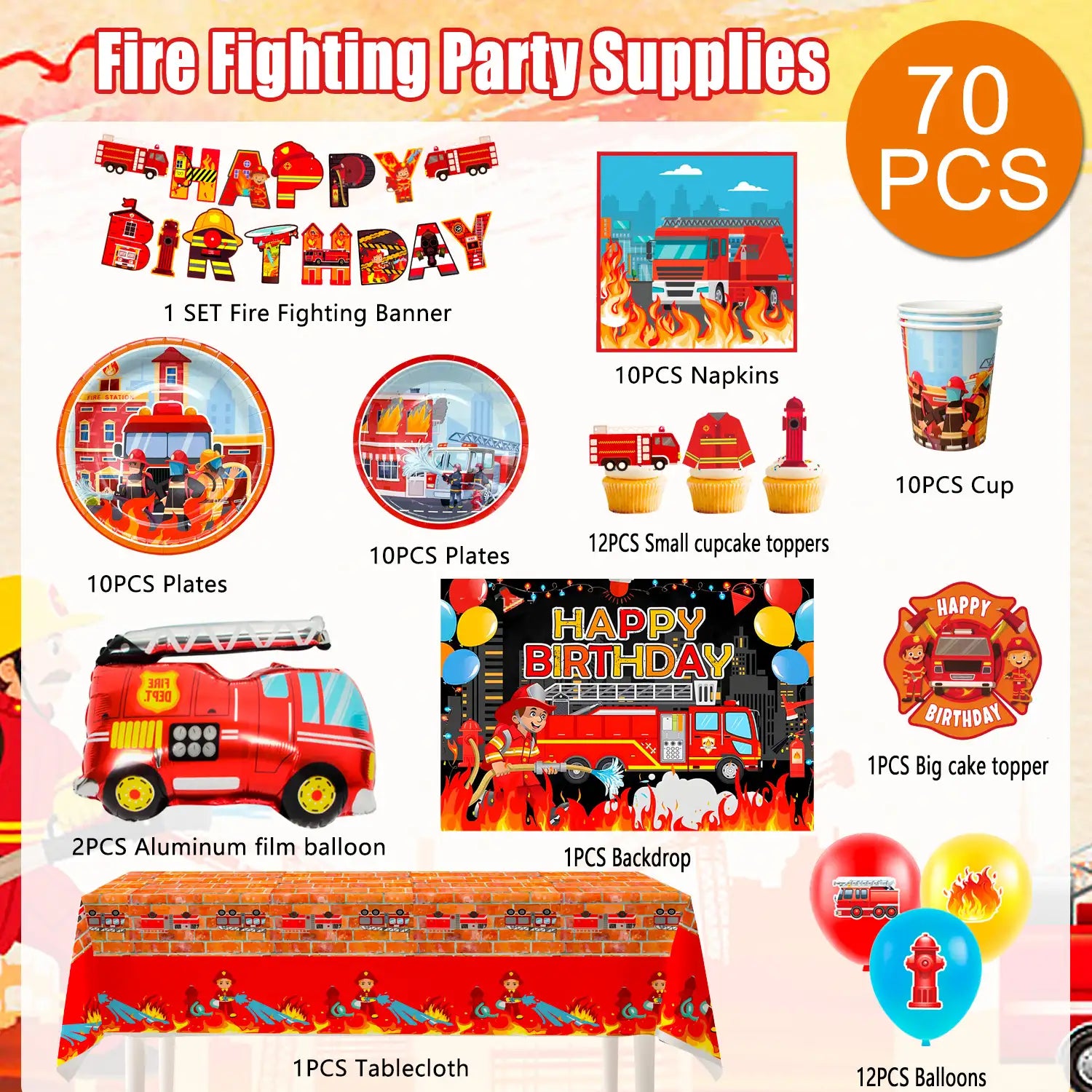 Fire Truck Birthday Party Supplies, 10 Guests Firetruck Birthday Decorations & Tableware Set - Fire Truck Party Plates Cups Napkins & Firefighter Themed Balloon Backdrop etc Fire Truck Party Supplies