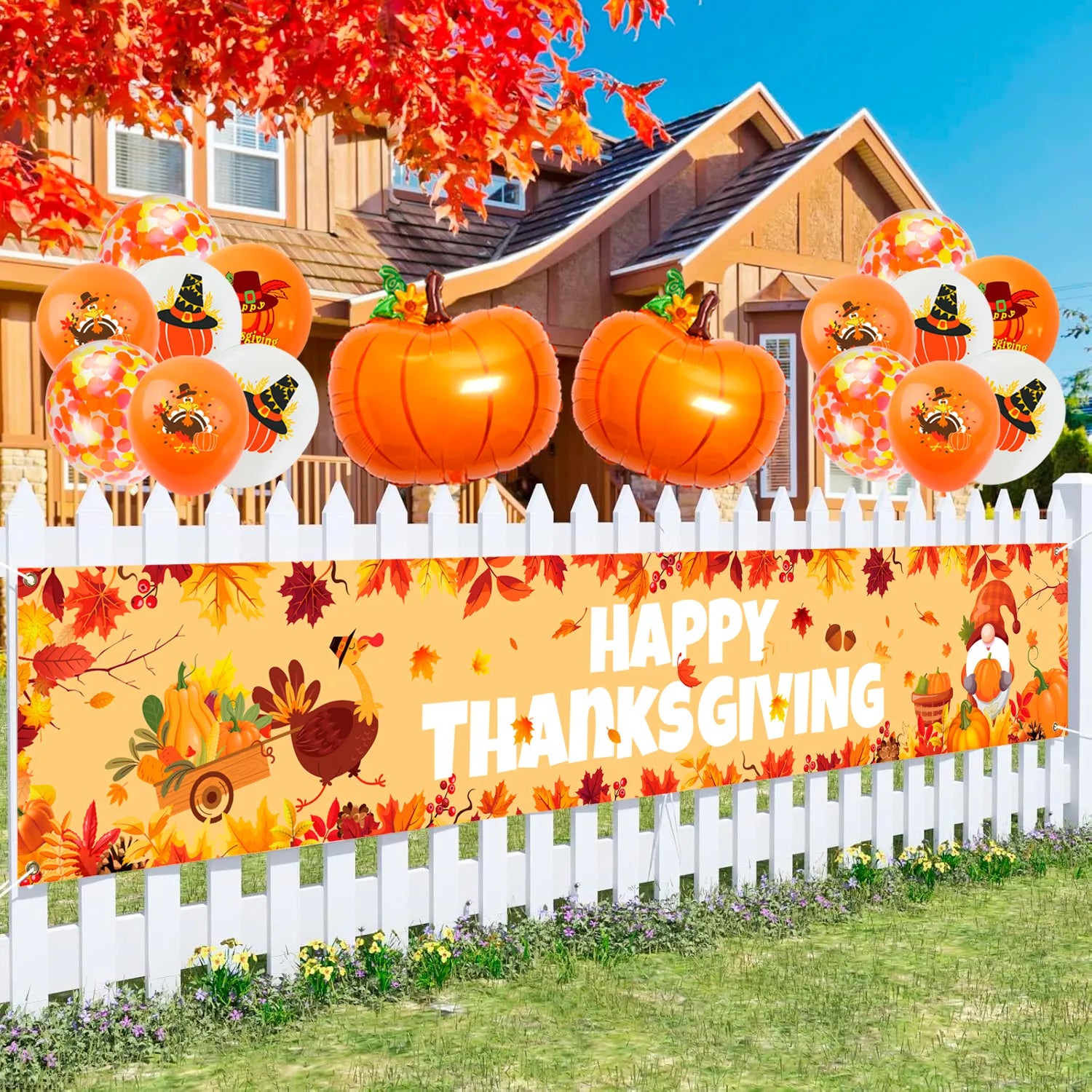 Happy Thanksgiving Fence Banner,11pcs Thanksgiving Banners for Outside&Balloon Set-Outdoor Happy Thanksgiving Banner,Thanksgiving Decorations Balloons&Foil Thanksgiving Balloons for Thanksgiving Party