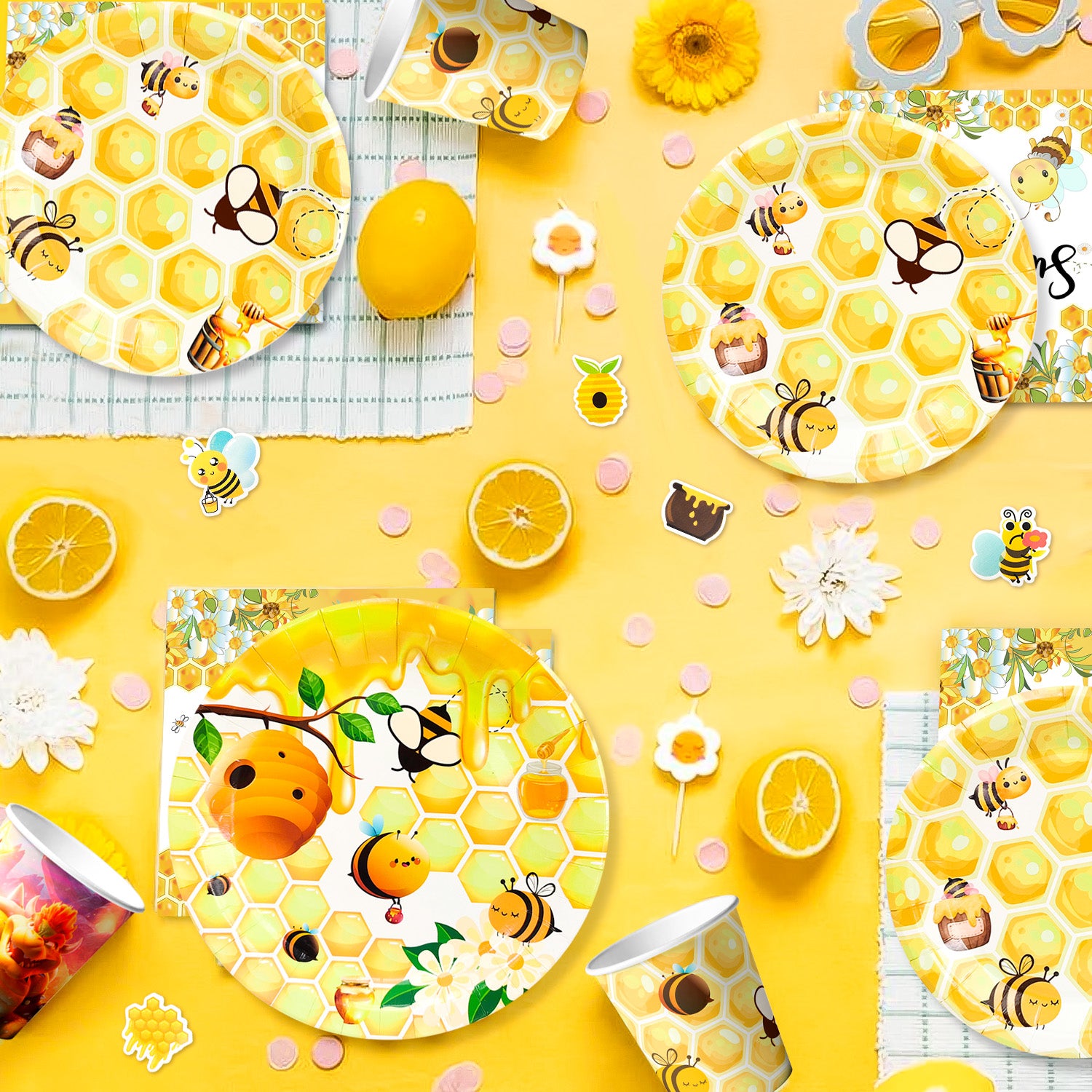Bee Birthday Decorations,69 Pcs Bee Party Decorations and Tableware Set- Bee Party Plates Cups Napkins Tablecloth & Happy Birthday Bee Banner Balloons Cake Toppers etc Bee Birthday Party Decorations