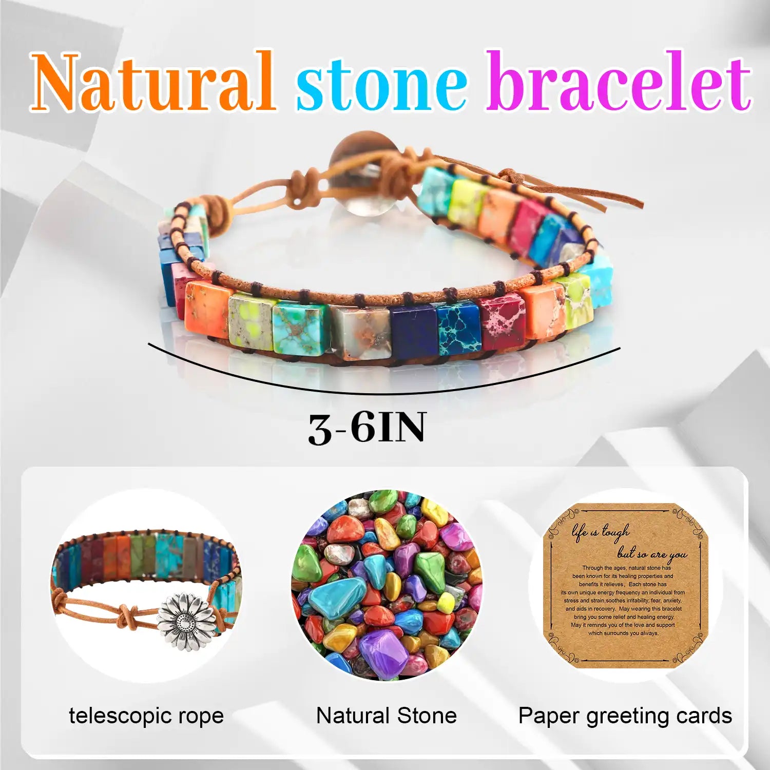 Boho Friendship Bracelet, 3 to 6 Inch Wrap Natural Stone Bracelet  (Square), Inspirational Gifts Bracelets Handmade Colorful Gemstone Jewelry, Adjustable Inspirational Bracelets for Women