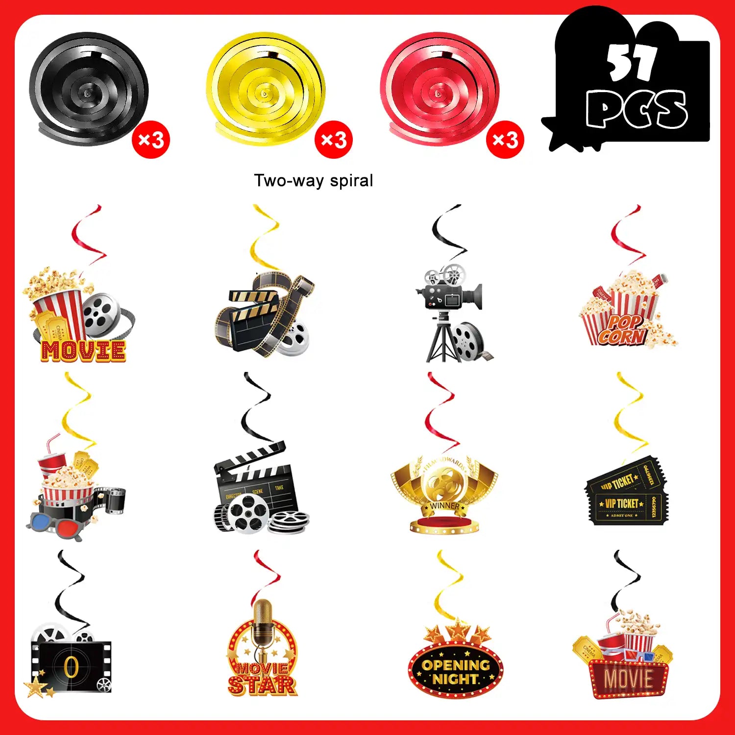 Movie Night Hanging Swirl Decorations, 57 Pcs Movie Night Party Hanging Swirls, Movie Party Decorations Spiral & Movie Night Swirls for Movie Night Hanging Decorations & Movie Night Party Decorations