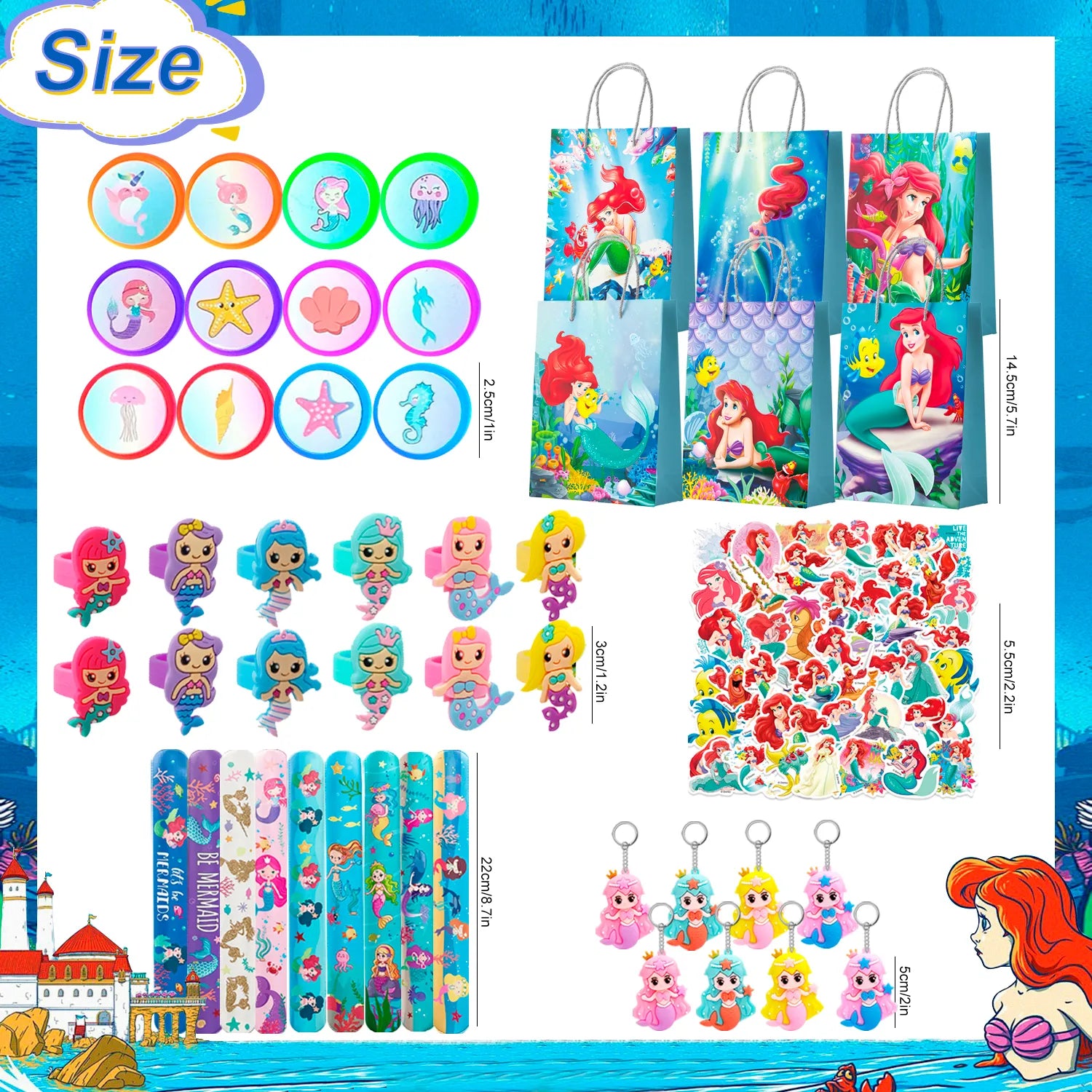Mermaid Kids Party Favors, 110 Pieces Mermaid Birthday Party Favor Set - Mermaid Gift Bags Keychain Stickers Gift Bags and Other Mermaid Themed Party Supplies for Mermaid Birthday Decorations