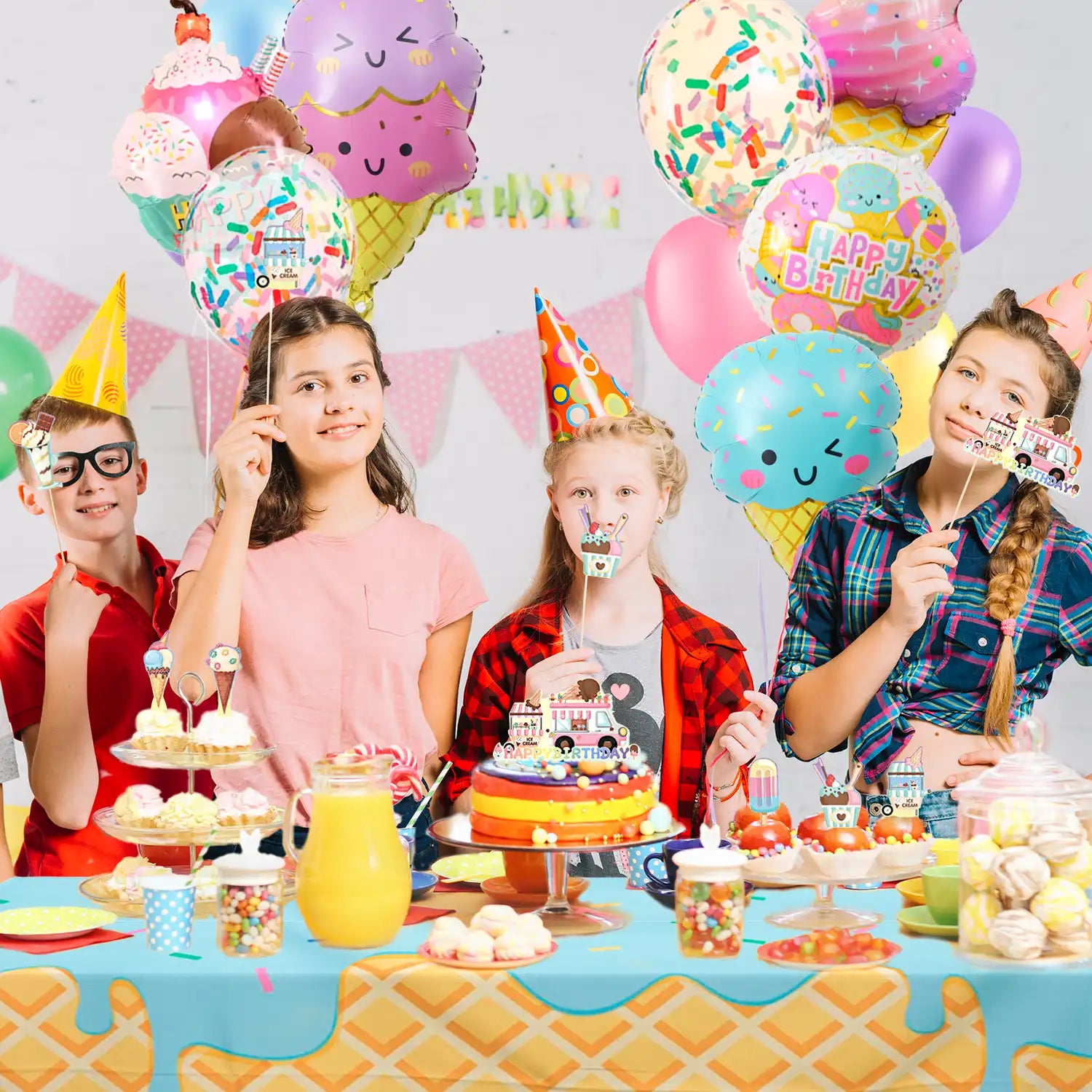 80pcs Ice Cream Birthday Party Decorations, Pastel Ice Cream Balloons Garland Arch Kit Tablecloth Candy Long Strip Balloon Cake Toppers Two Sweet Ice Cream Birthday Party Decorations