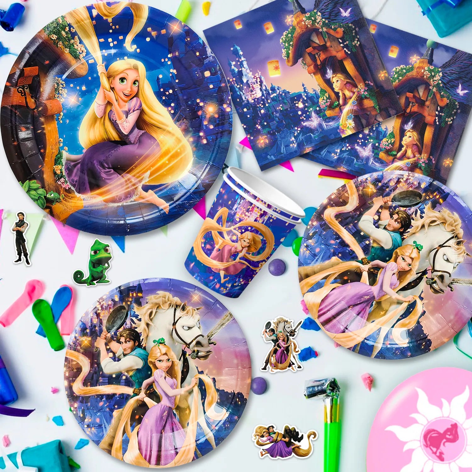 Rapunzel Birthday Decorations,82pcs Rapunzel Party Decorations & Rapunzel Tableware set- Rapunzel Birthday Plates Napkins & Rapunzel Balloons Banner Cake Topper etc Rapunzel Birthday Party Supplies